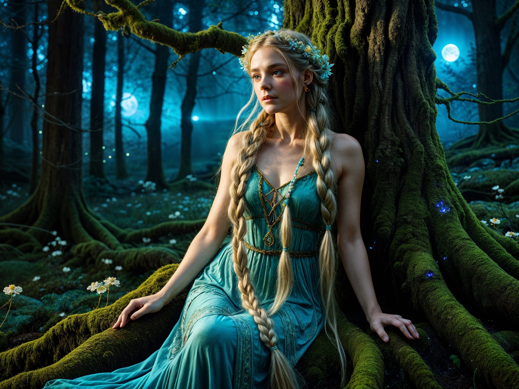 Serene Woman in Ethereal Gown in Mystical Forest