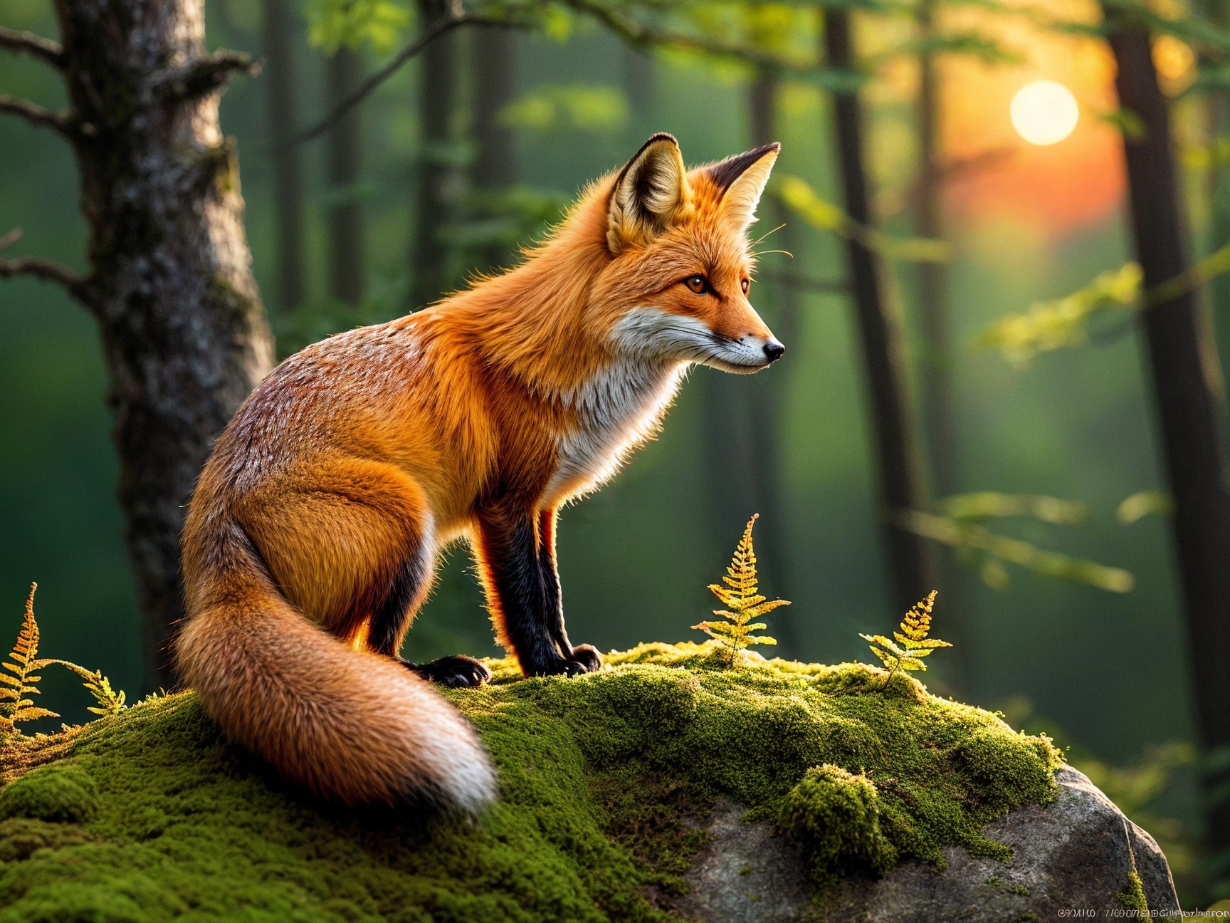 Red fox on mossy rock in vibrant forest setting