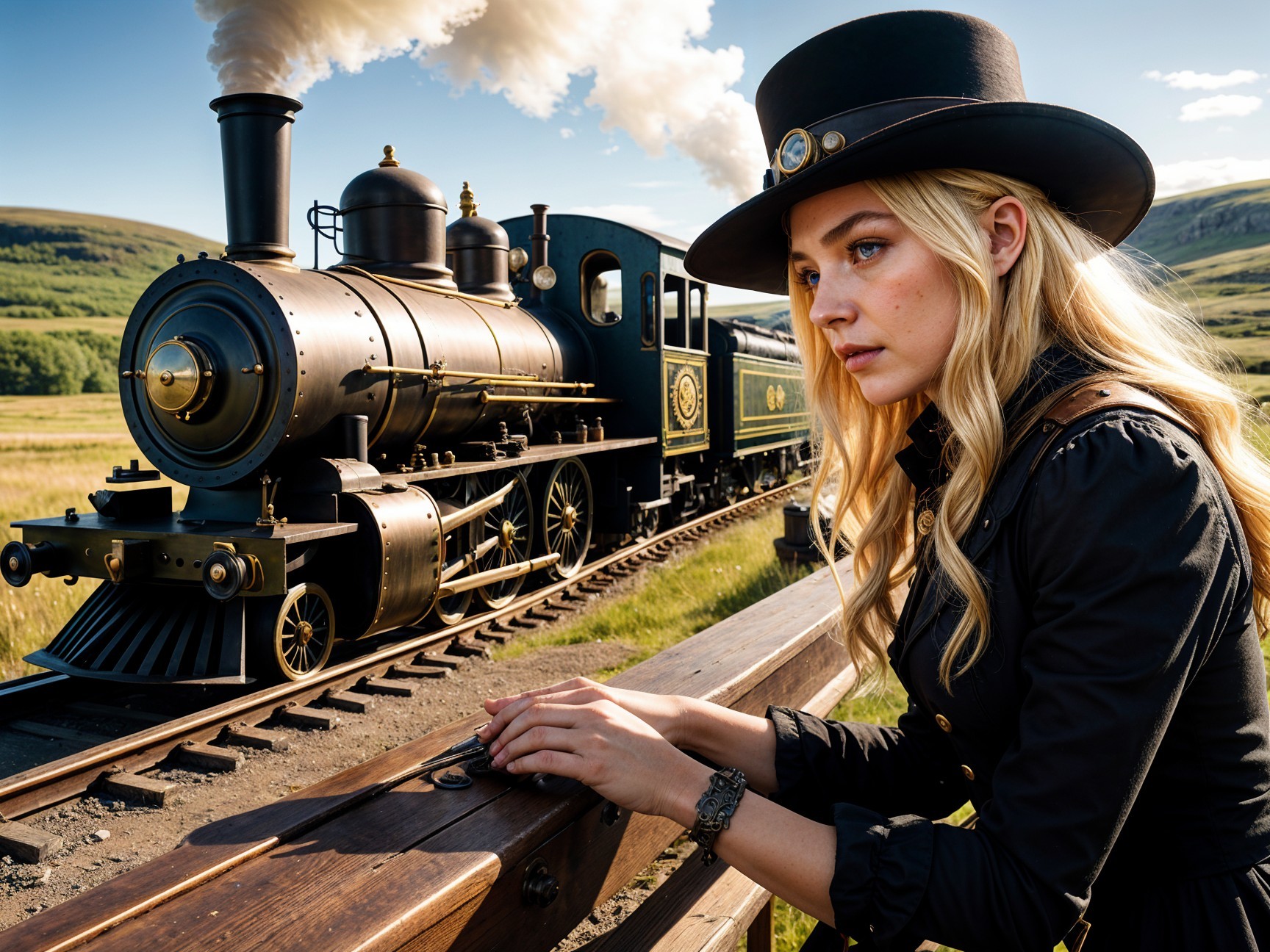 Vintage Woman by Classic Steam Train in Scenic Setting