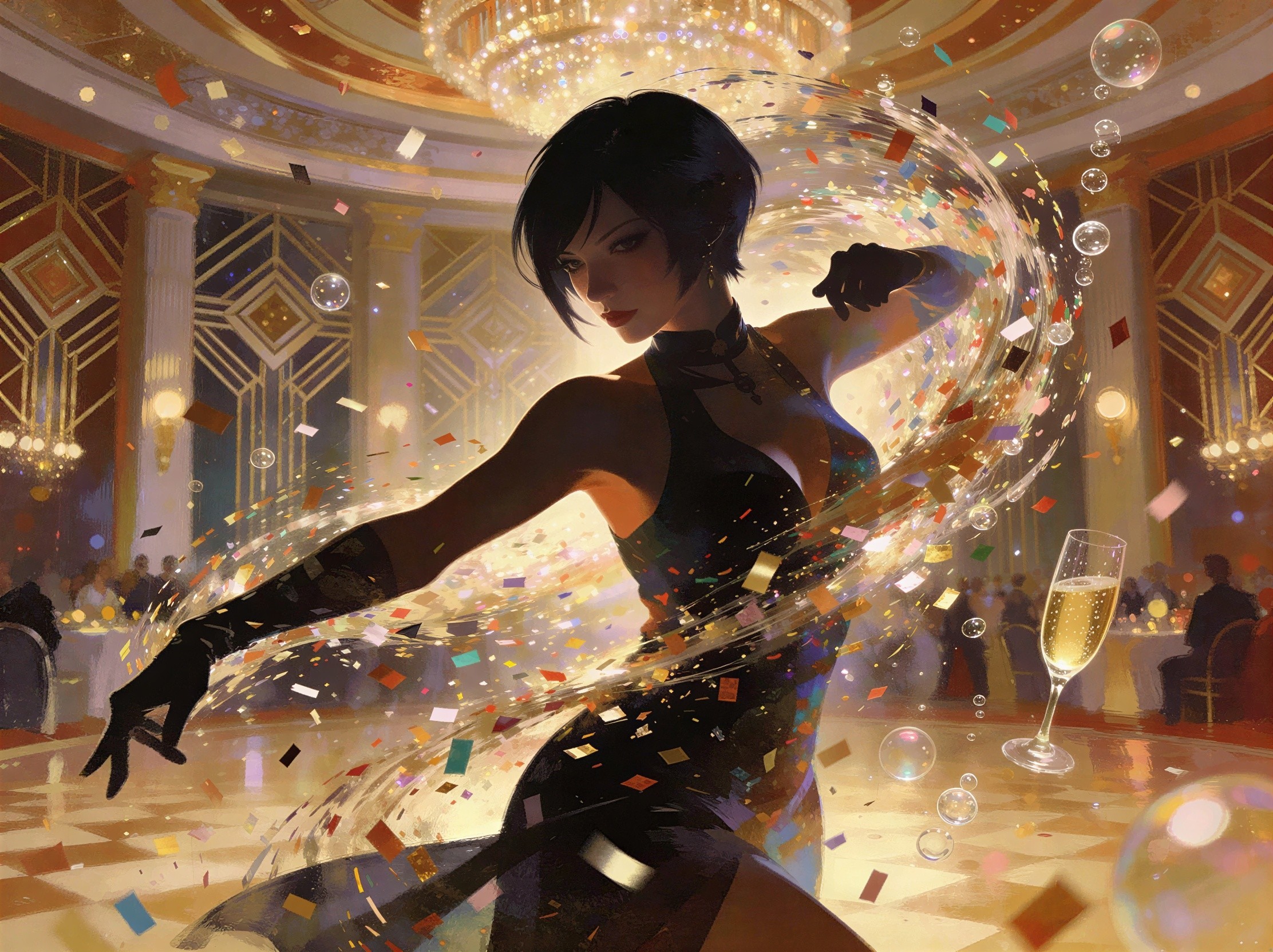 Female Figure Dancing in Elegant Ballroom Setting