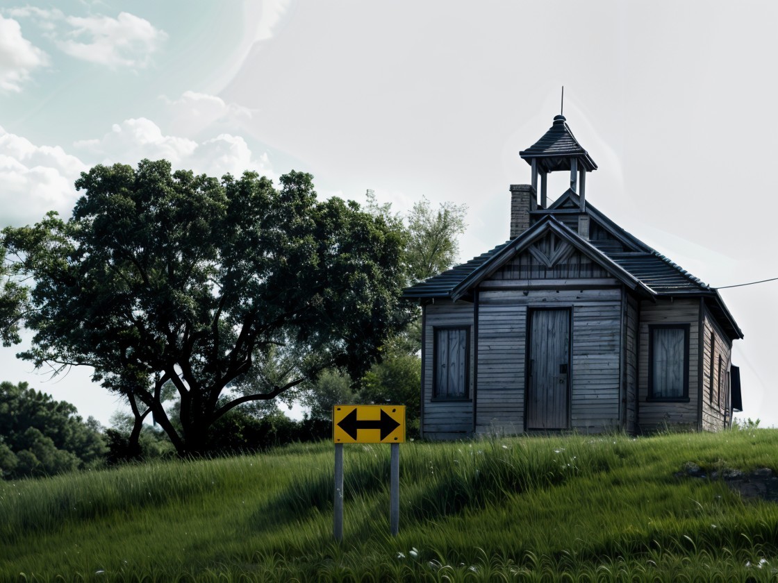 Weathered Wooden House on a Hill with Directional Sign