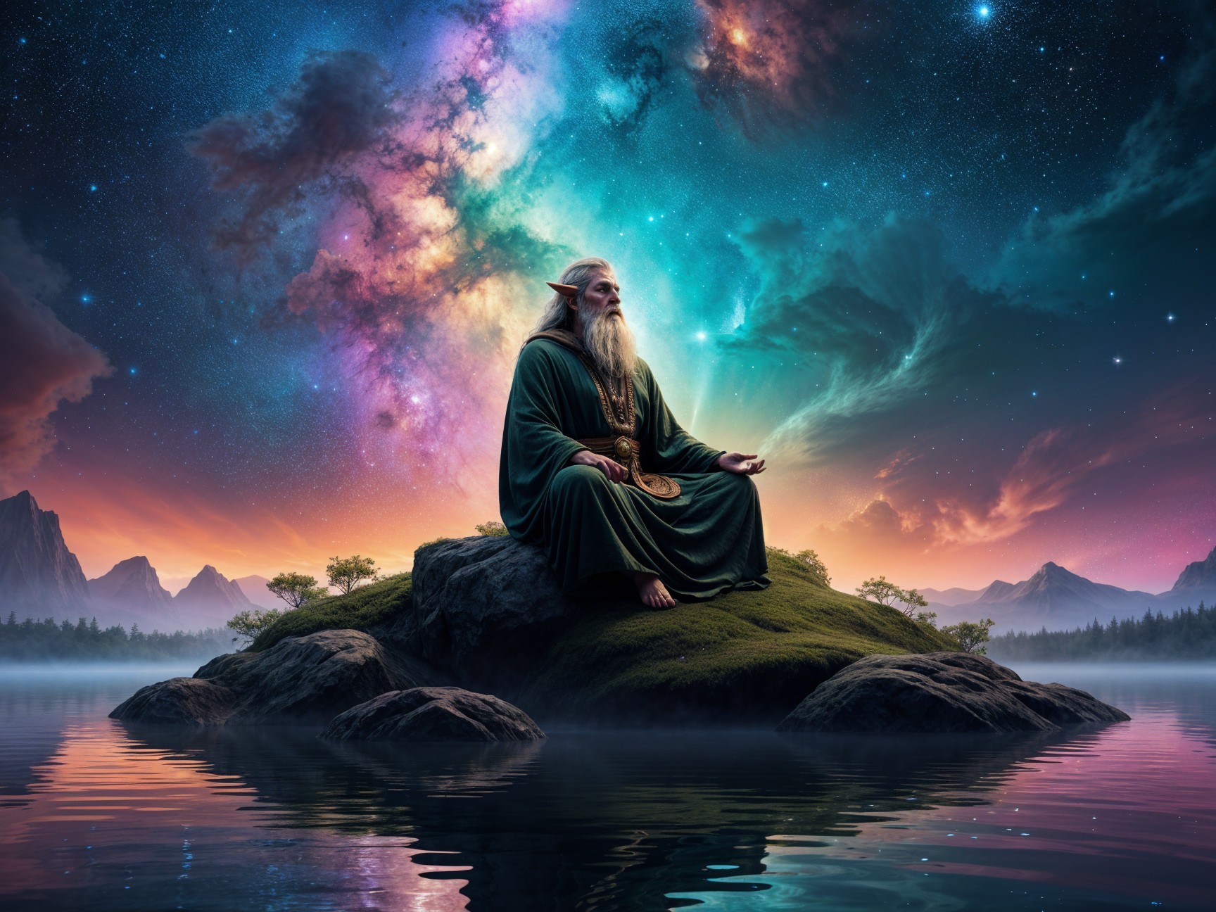 Elderly Figure Meditating on an Island Lake Scene