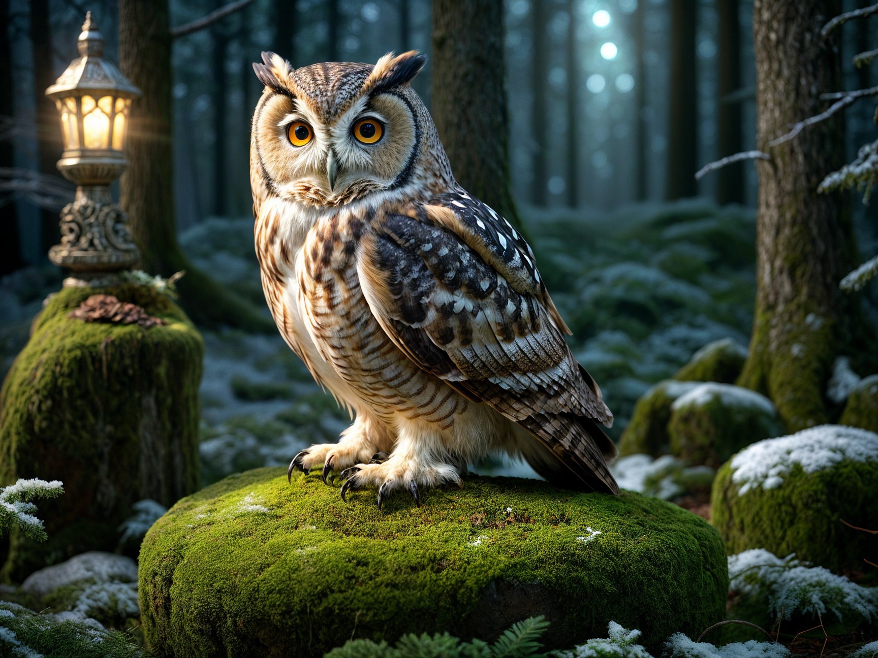 Majestic owl perched in misty forest setting