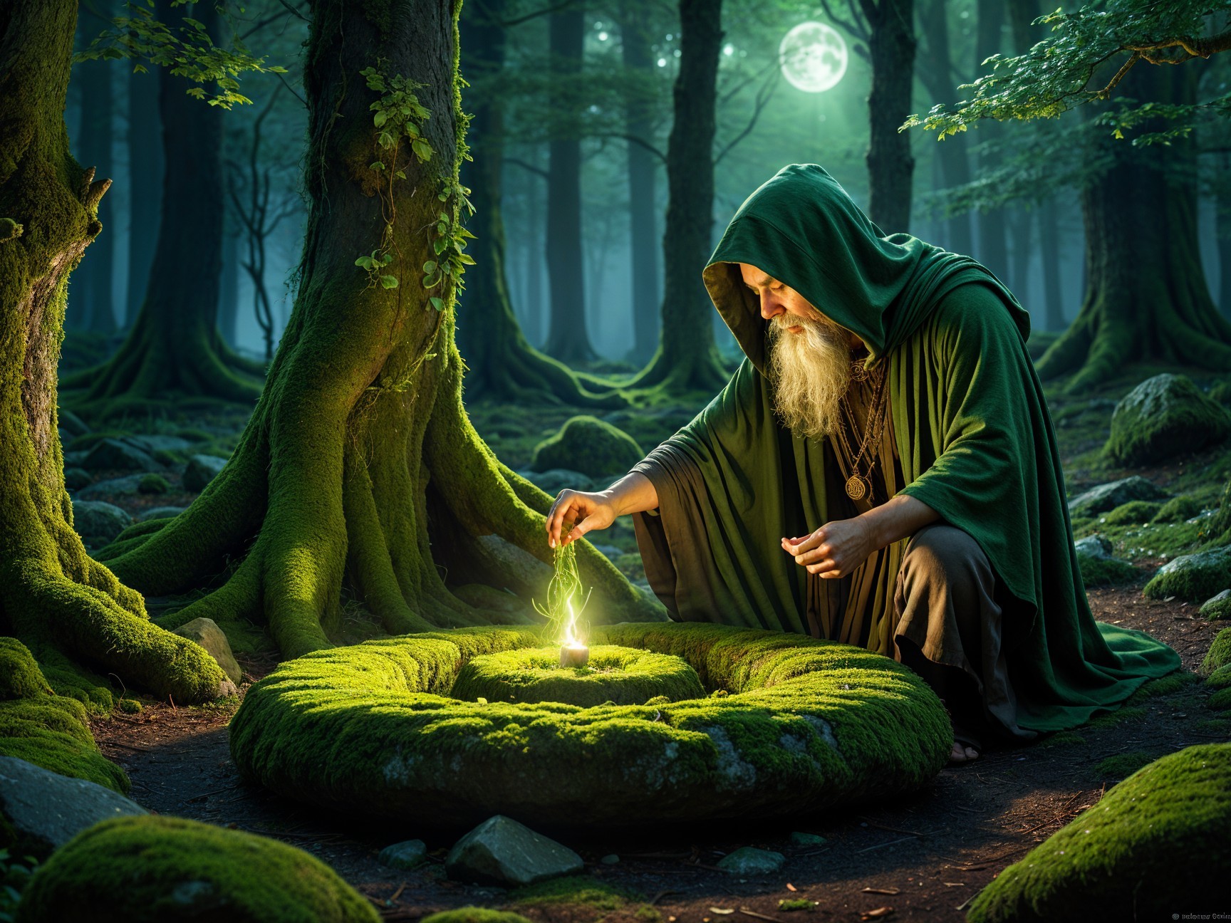 Elderly Figure in Mystical Forest with Glowing Light