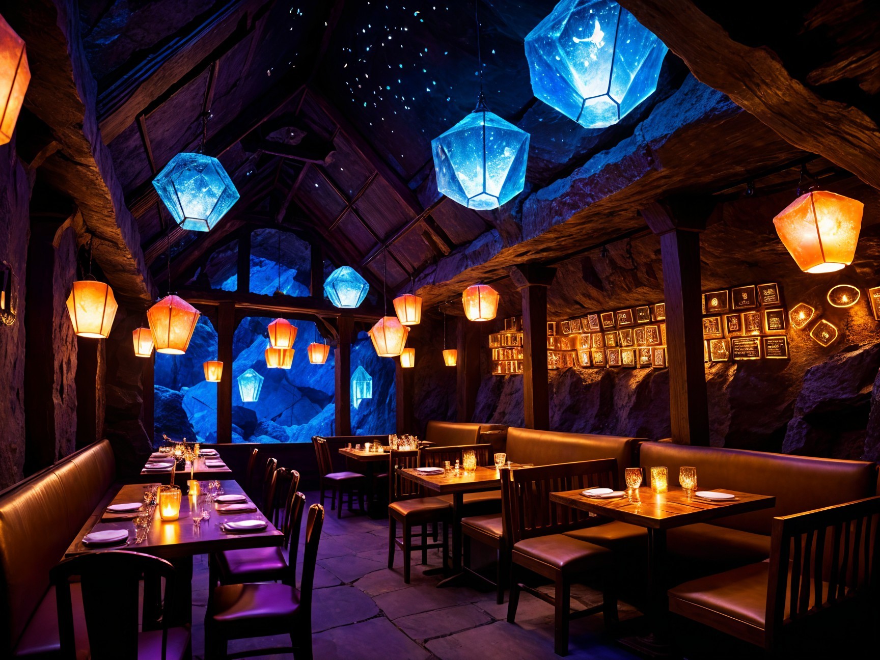 Cozy Restaurant with Rock Walls and Starry Ceiling