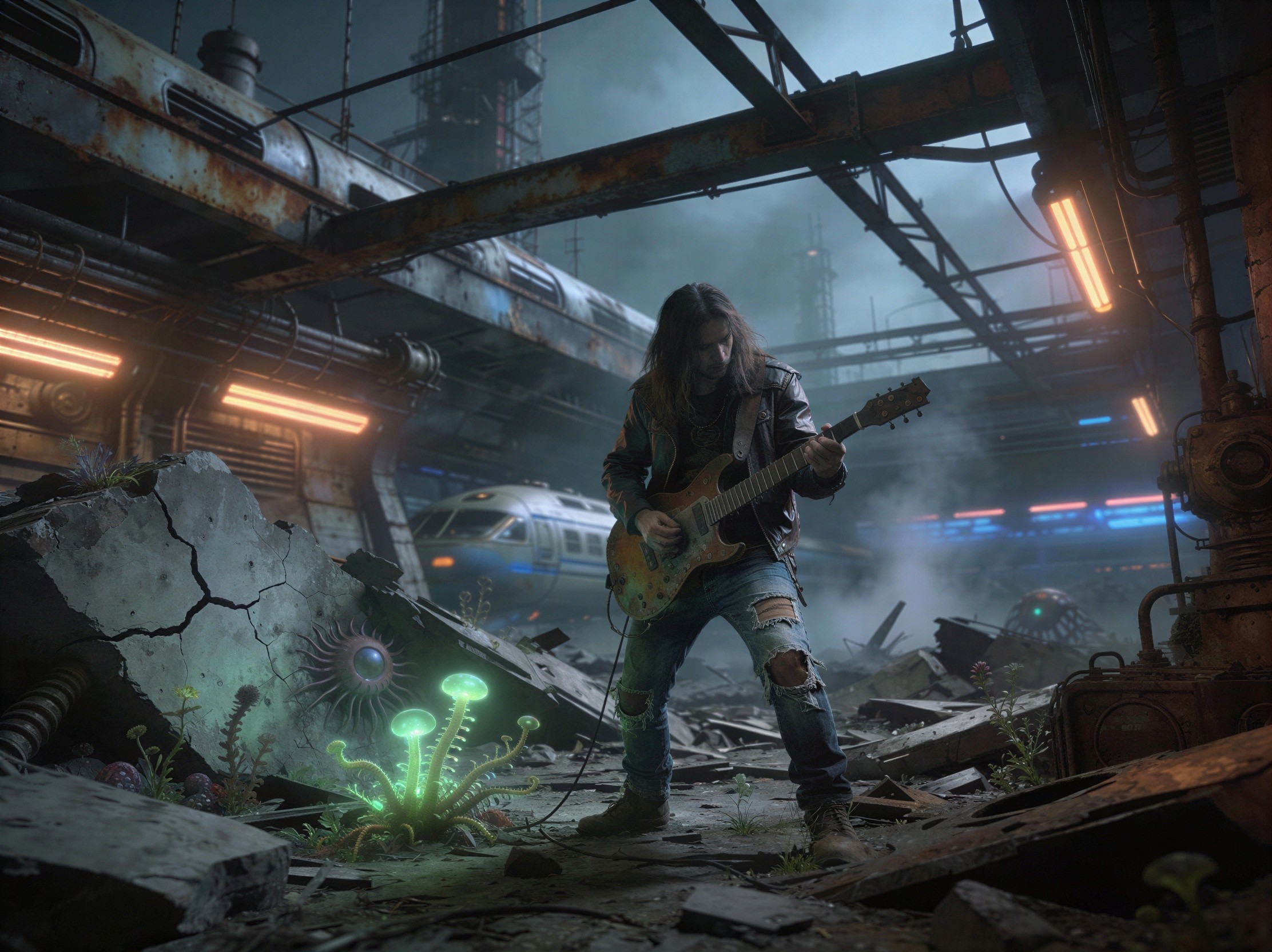 Musician Playing Electric Guitar in Post-Apocalyptic Setting