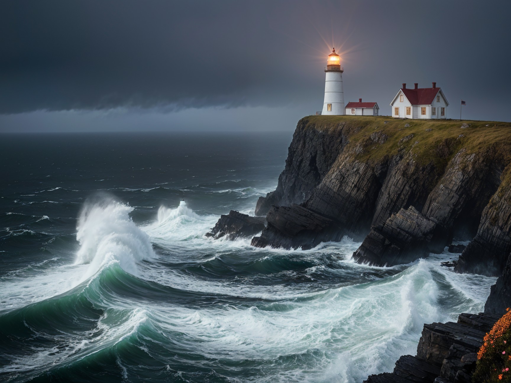 Lighthouse on Cliff Amidst Stormy Seascape