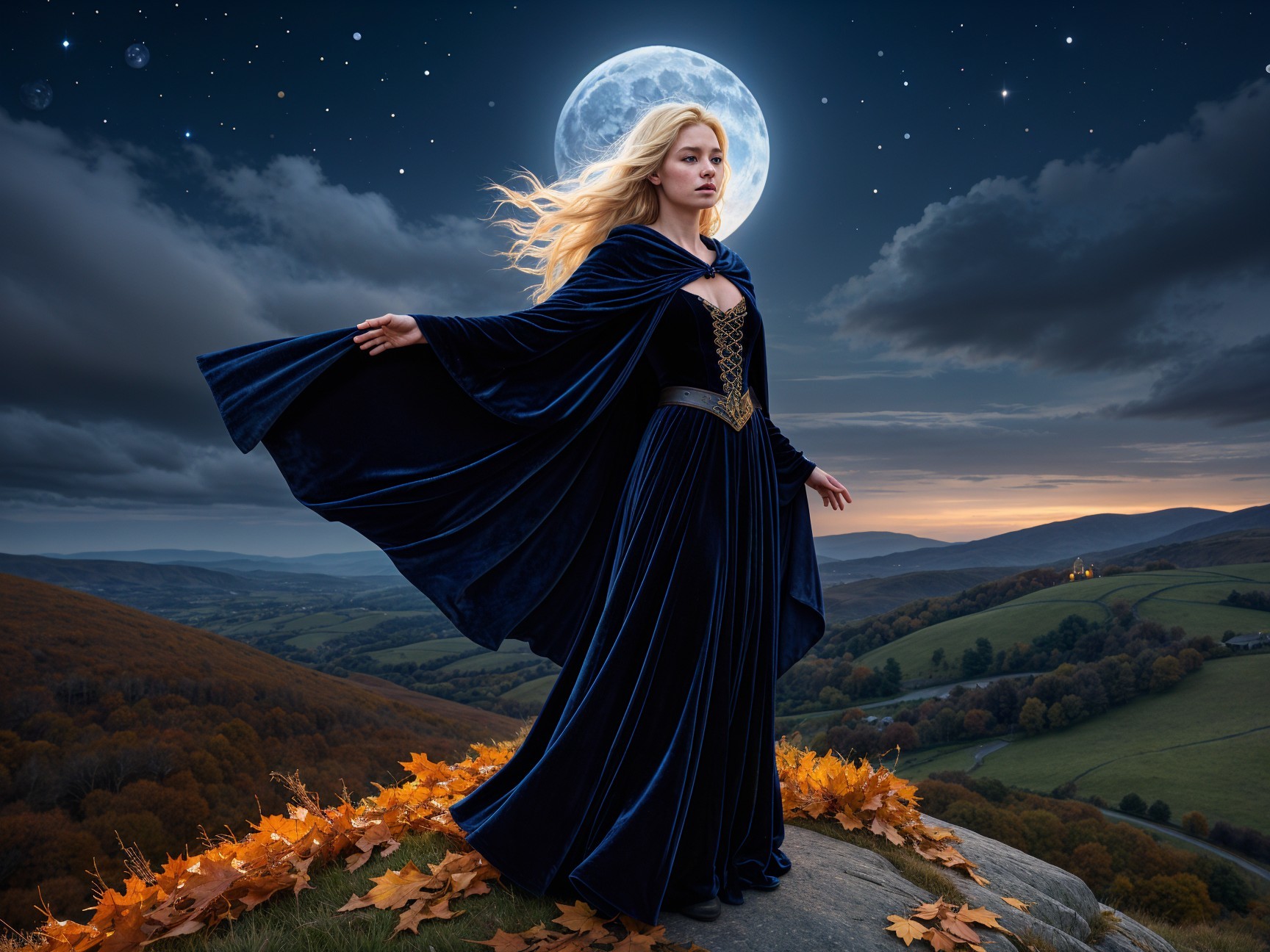 Majestic Figure in Blue Gown on Rocky Outcrop