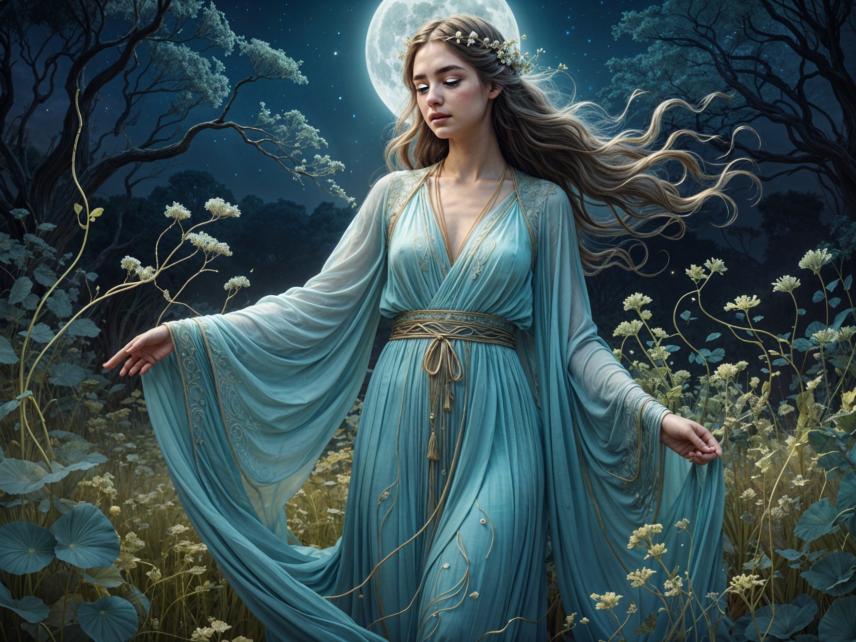 Young Woman in Light Blue Gown in Moonlit Landscape