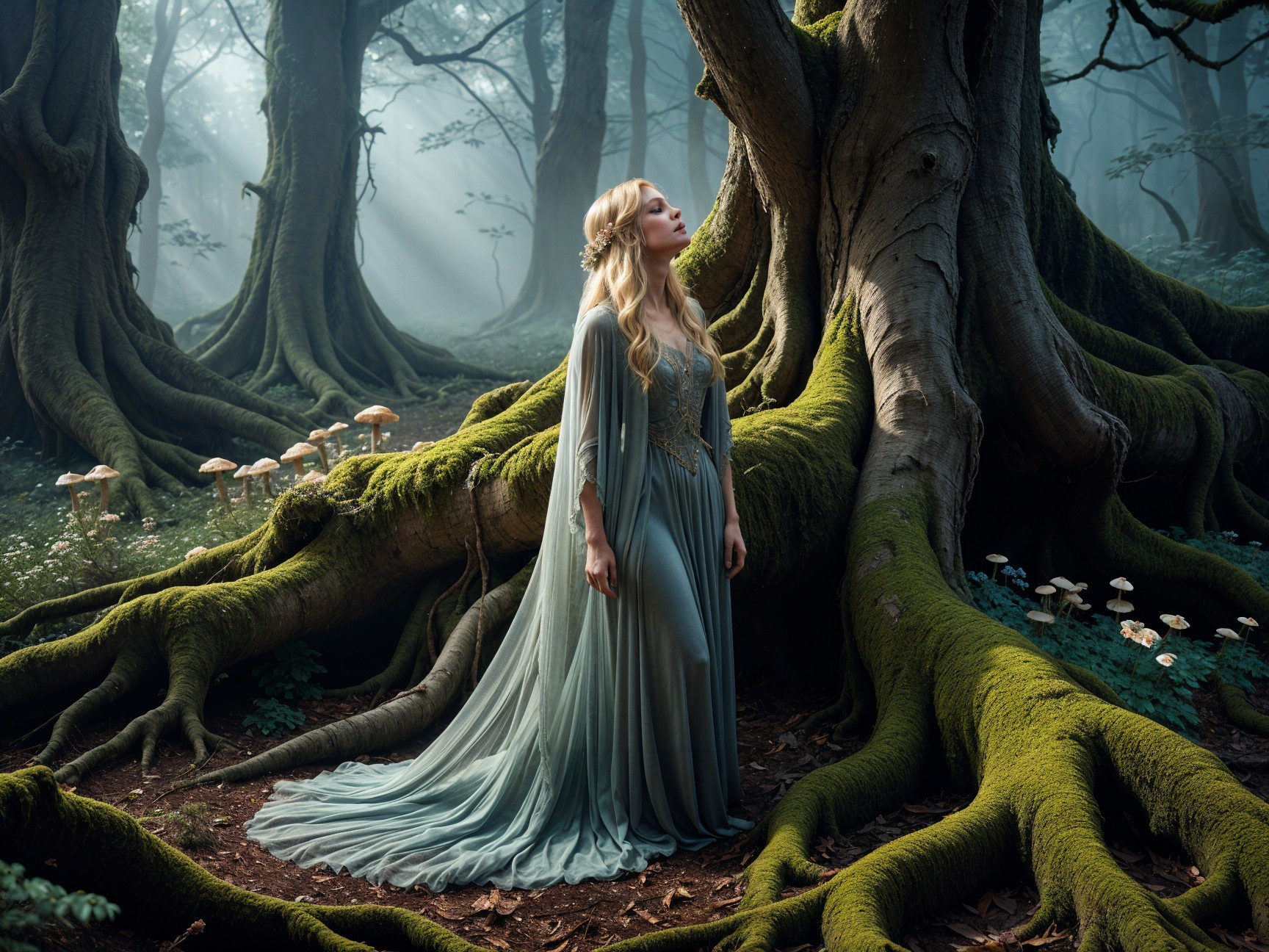 Woman in Ethereal Gown in Enchanted Forest Setting