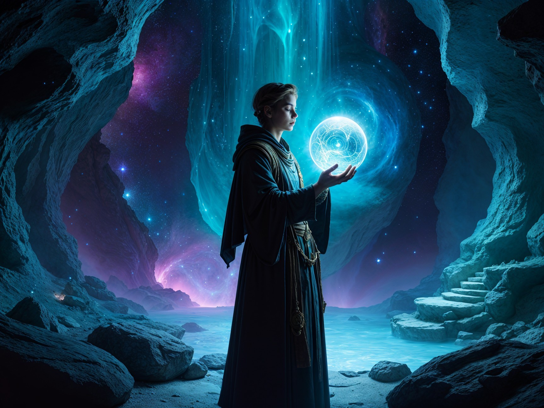 Mystical Figure in Cave with Cosmic Background