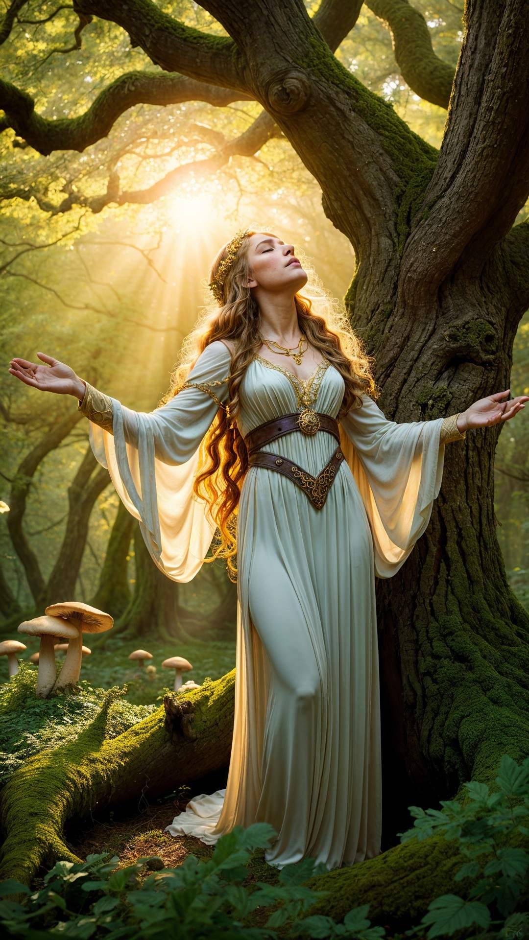 Mystical Forest Scene with Woman in White Gown