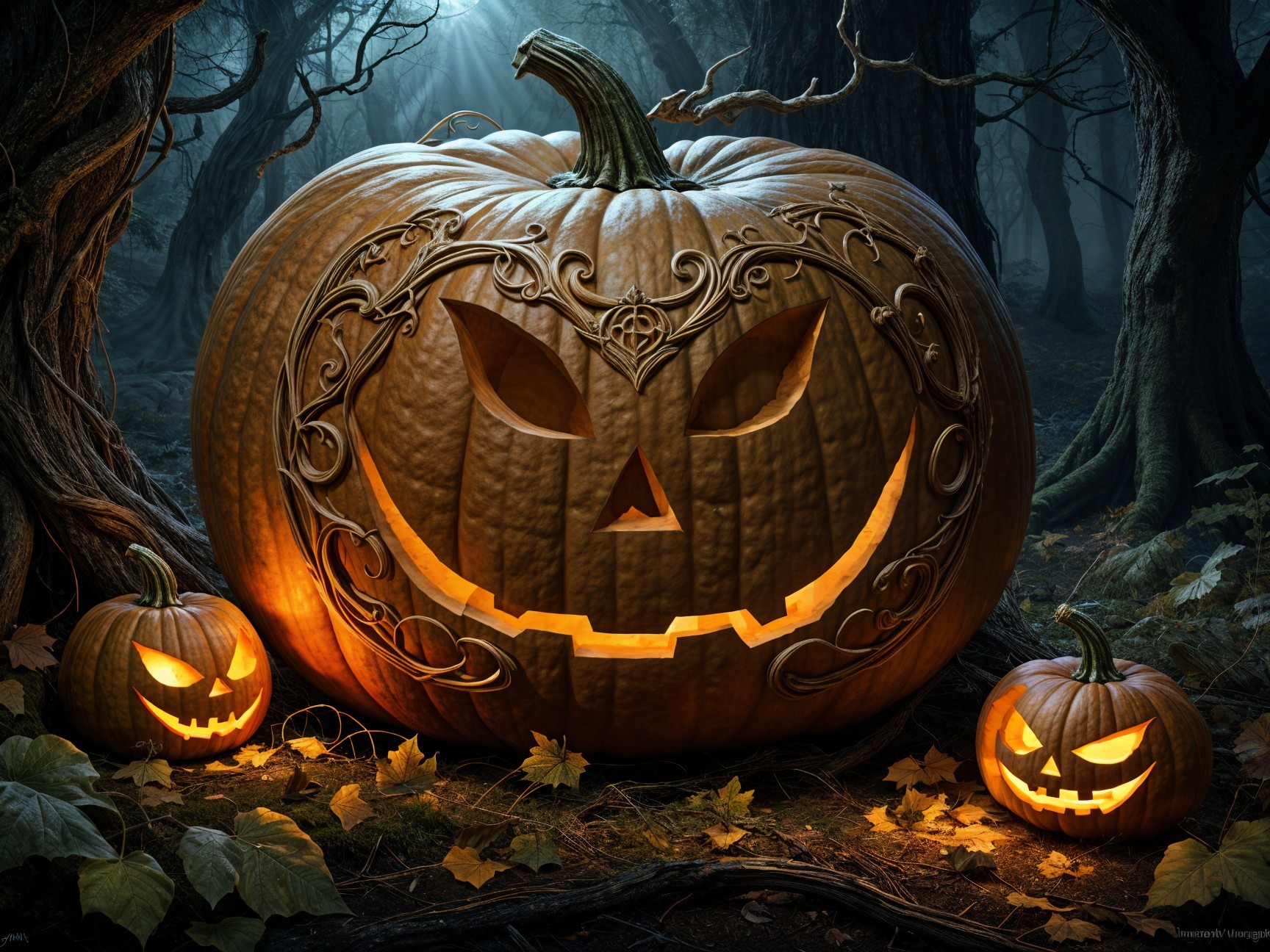 Intricately Carved Pumpkin Scene in Dark Forest