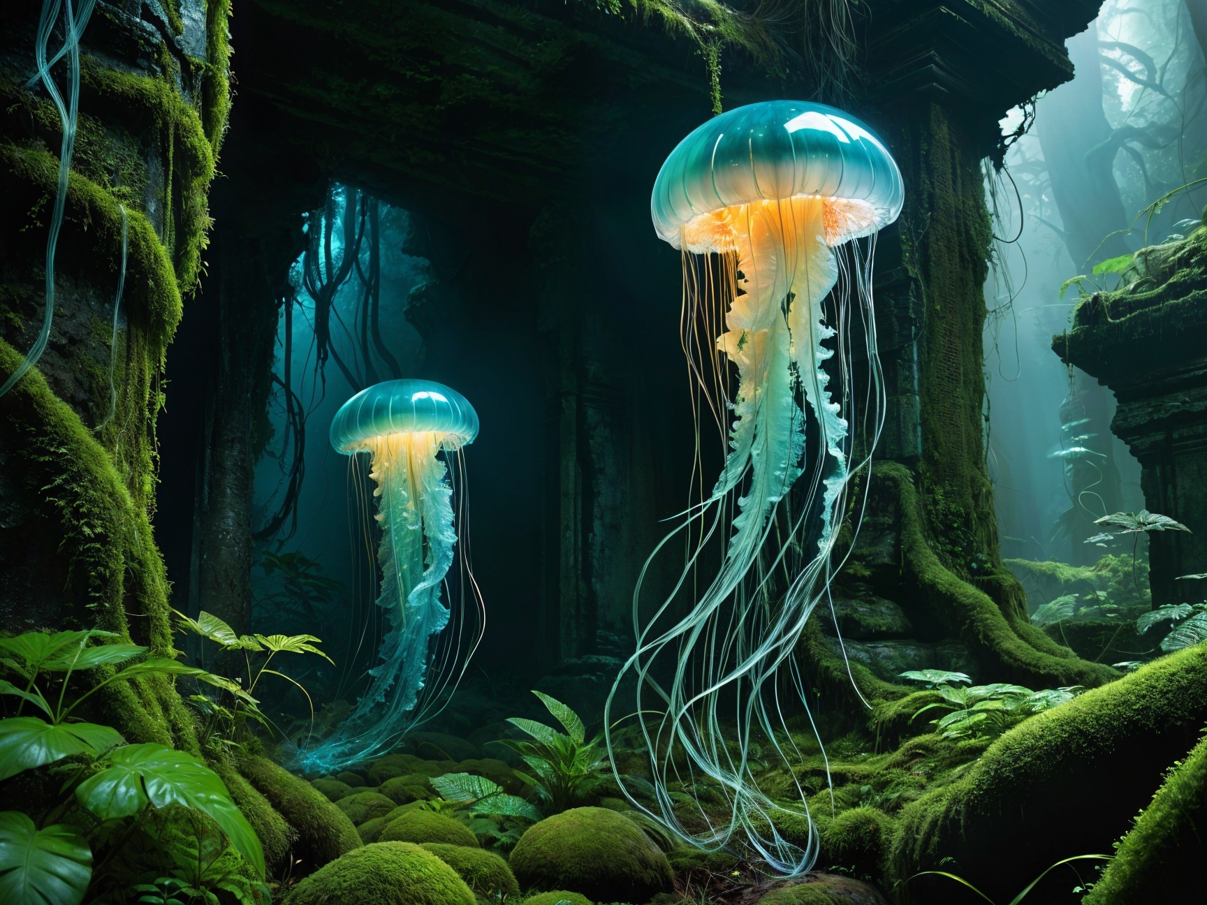 Luminous Jellyfish in a Mystical Overgrown Temple