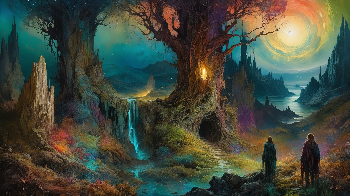 Ancient Tree with Glowing Light and Vibrant Waterfall