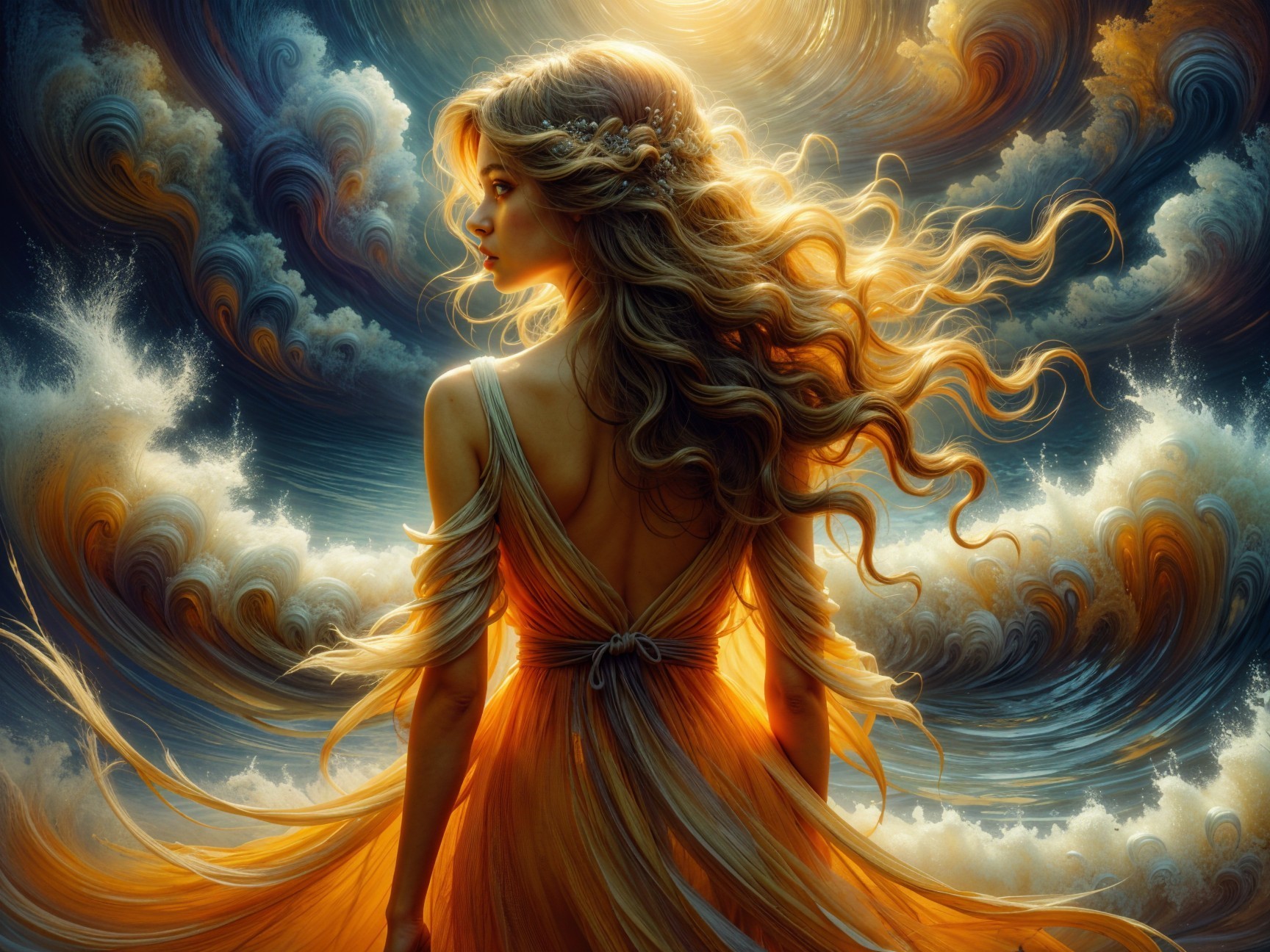 Serene figure in orange gown by ocean waves and sun