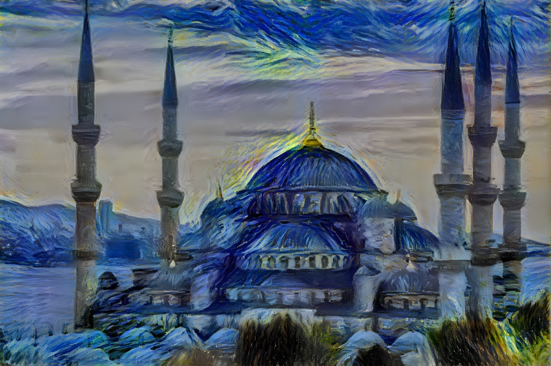 Impressionistic Mosque with Minarets and Dome Design