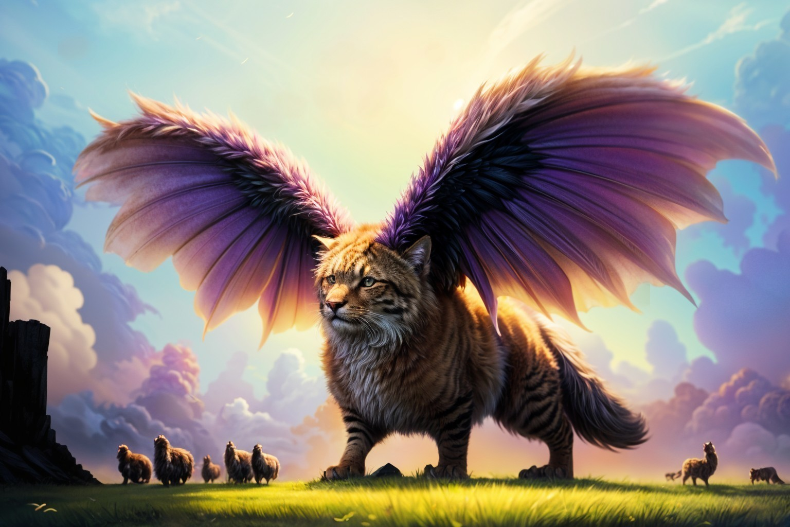 Winged Feline in a Vibrant Fantasy Landscape