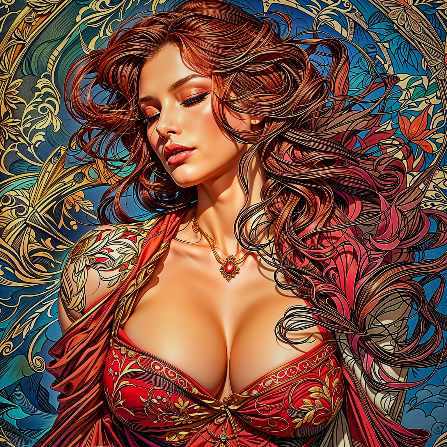 Elegant Woman with Red Hair and Colorful Background