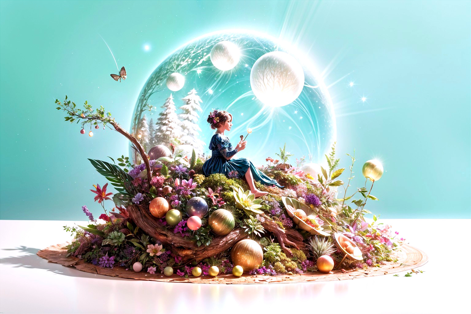 Whimsical Scene of a Girl on a Flower Hill