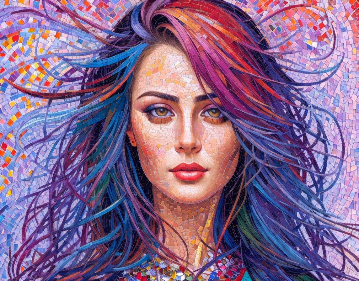 Vibrant Mosaic Artwork of a Young Woman with Colorful Hair