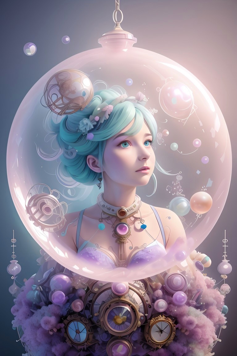 Futuristic Woman in Translucent Dome with Clockwork Elements