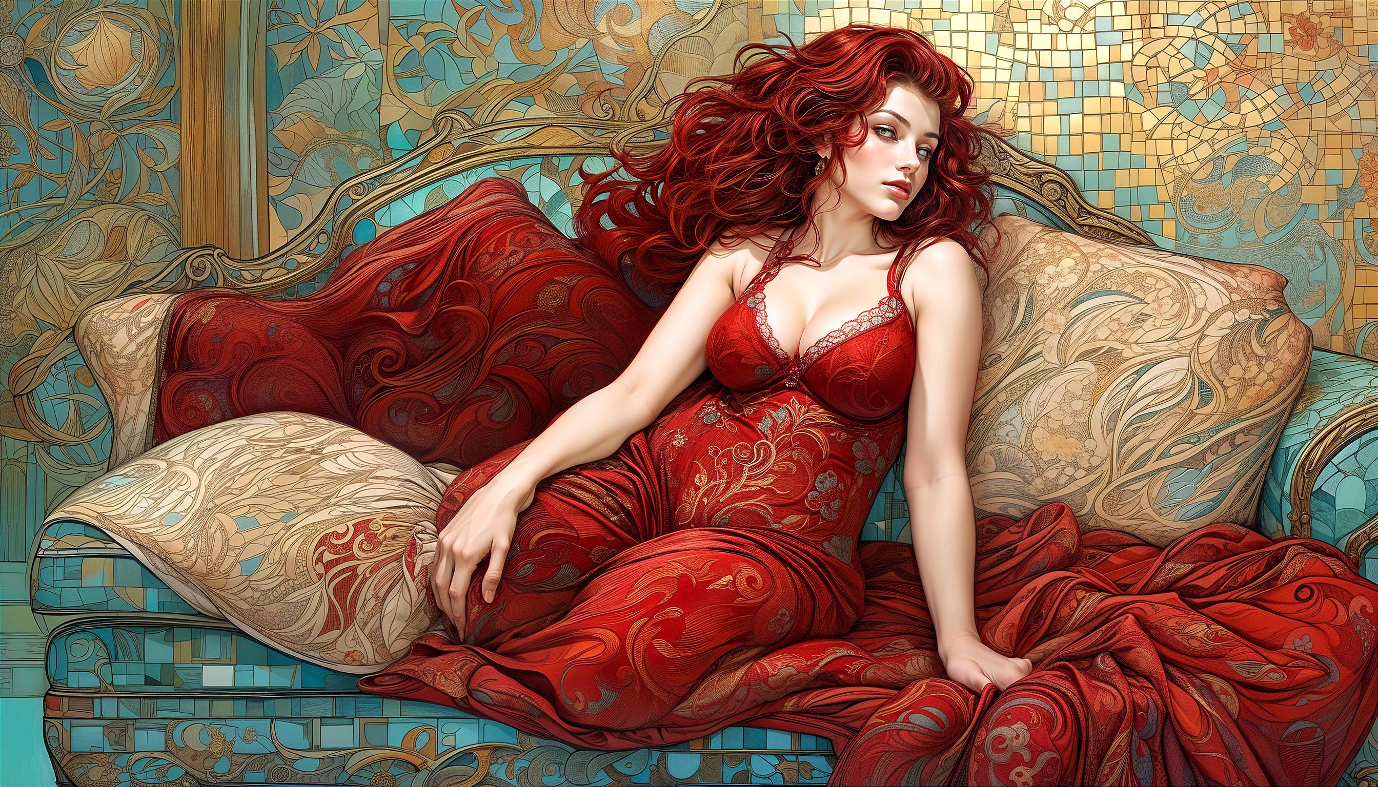 Elegant Woman with Red Hair on Ornate Couch