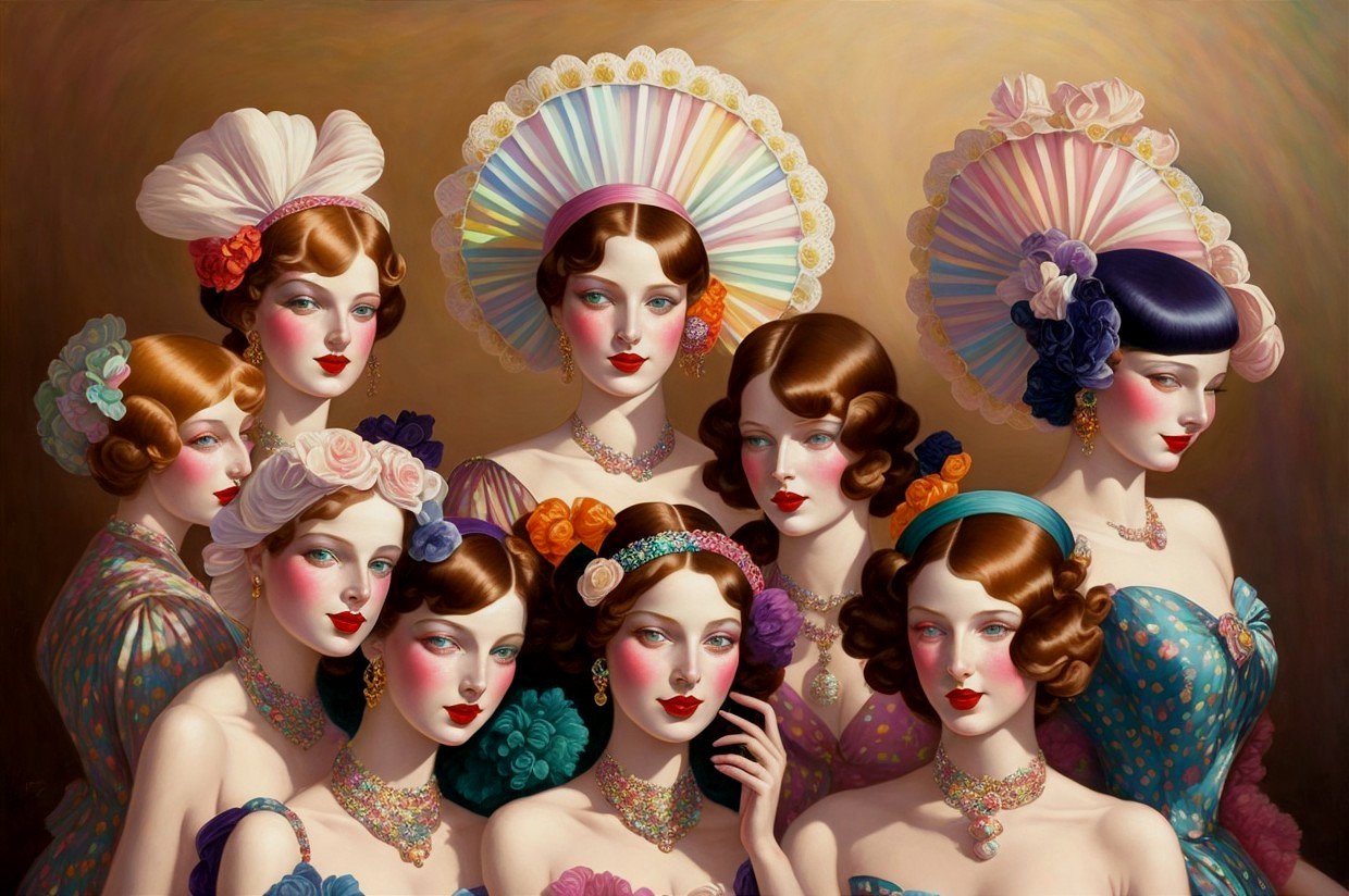 Elegant 1920s Women in Luxurious Dresses and Accessories