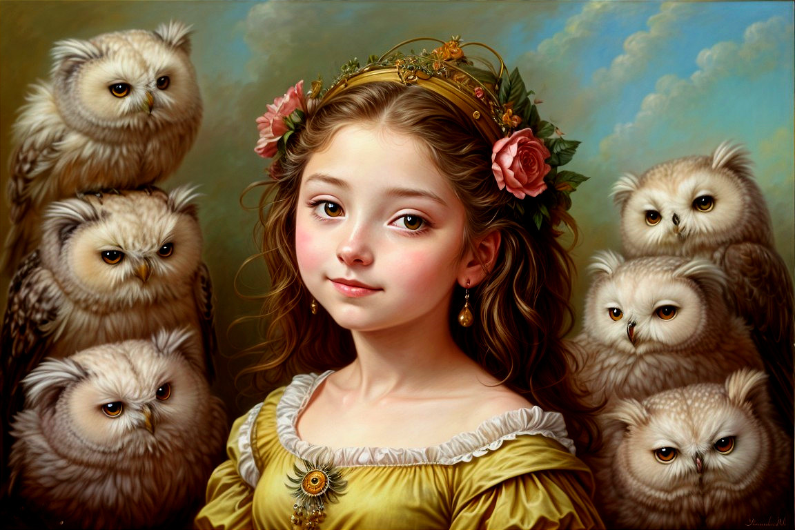 Girl in Floral Crown Surrounded by Owls and Clouds