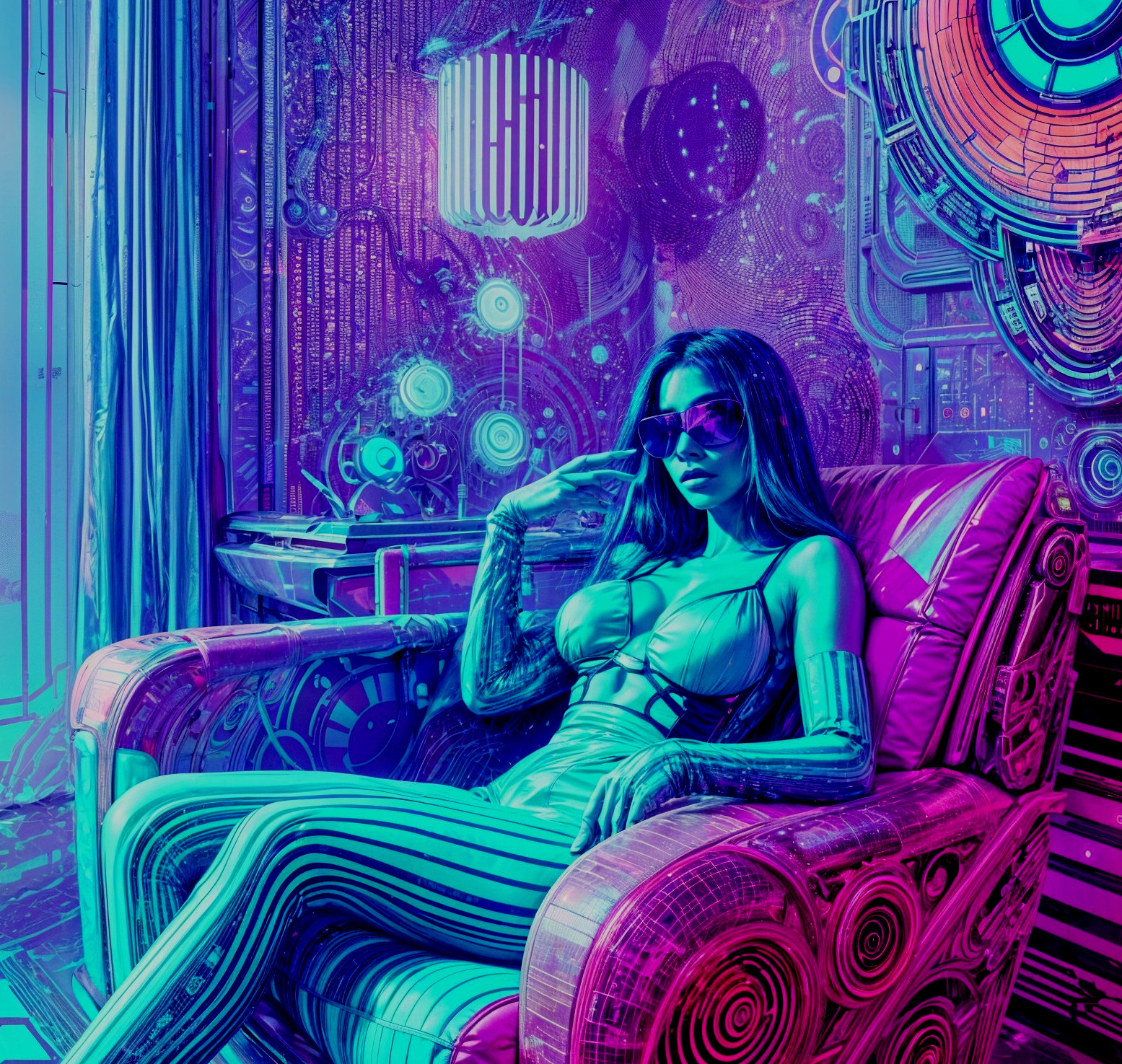 Futuristic Figure in Neon Setting with Digital Patterns
