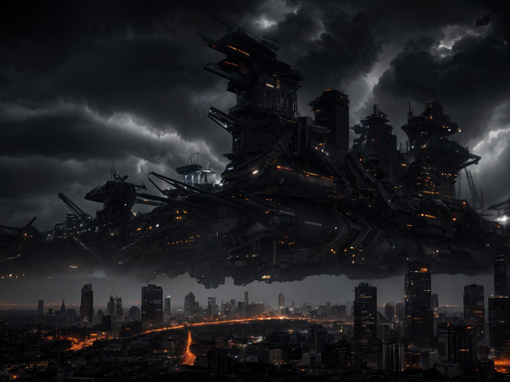 Futuristic Spaceship Over Dark Cityscape at Twilight