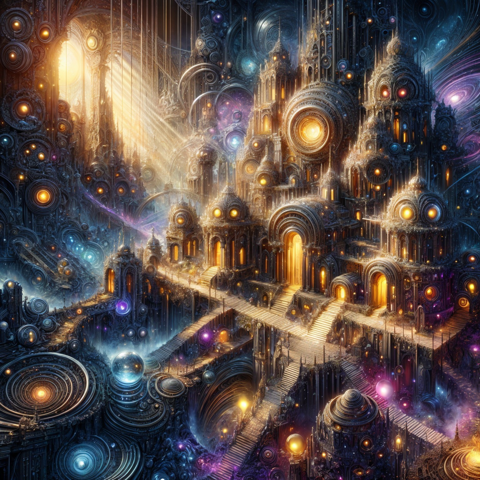 Fantastical city with glowing structures and towers