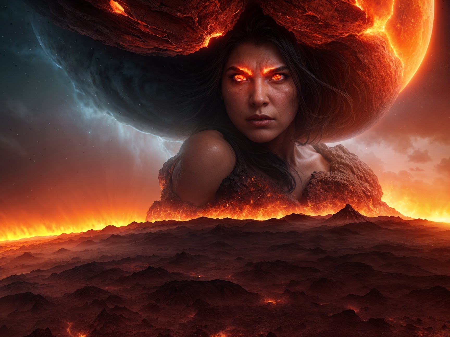 Fierce Woman in Fiery Landscape with Dark Celestial Body