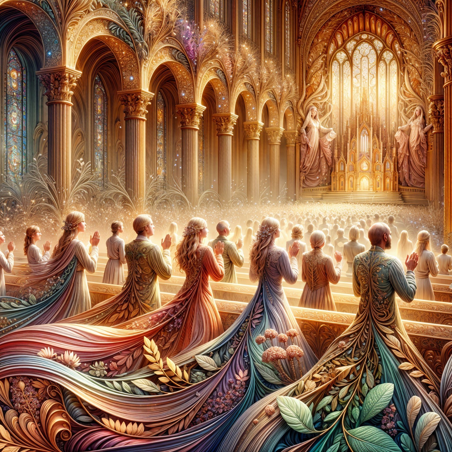 Elegant Figures in Prayer within a Grand Cathedral