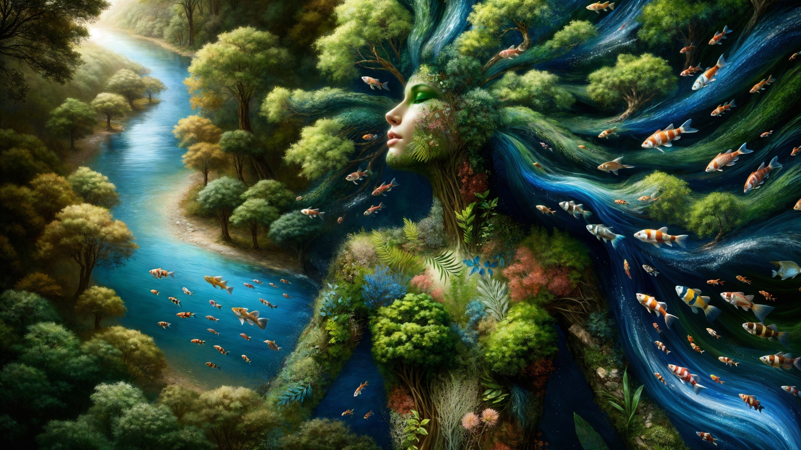 Nature-Inspired Figure with Foliage and Water Elements