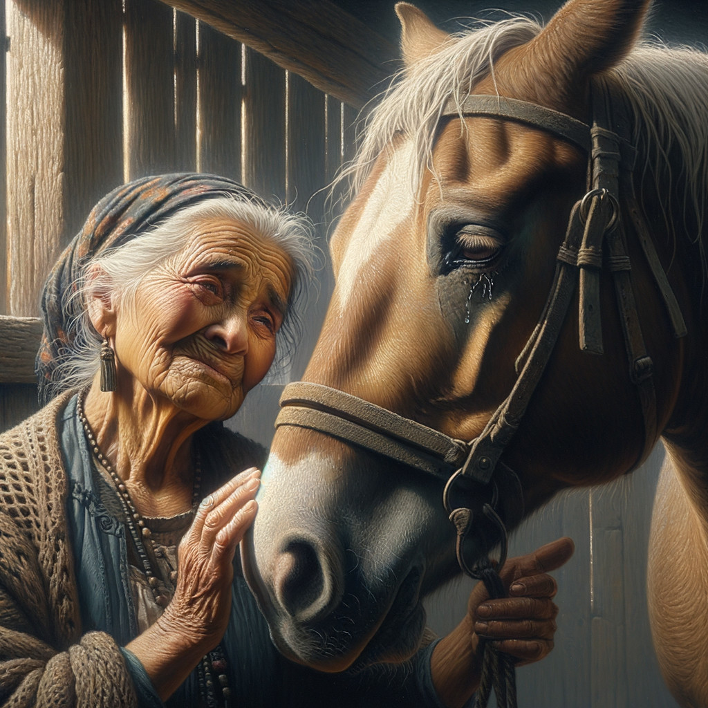 Elderly Woman and Brown Horse in Rustic Stable