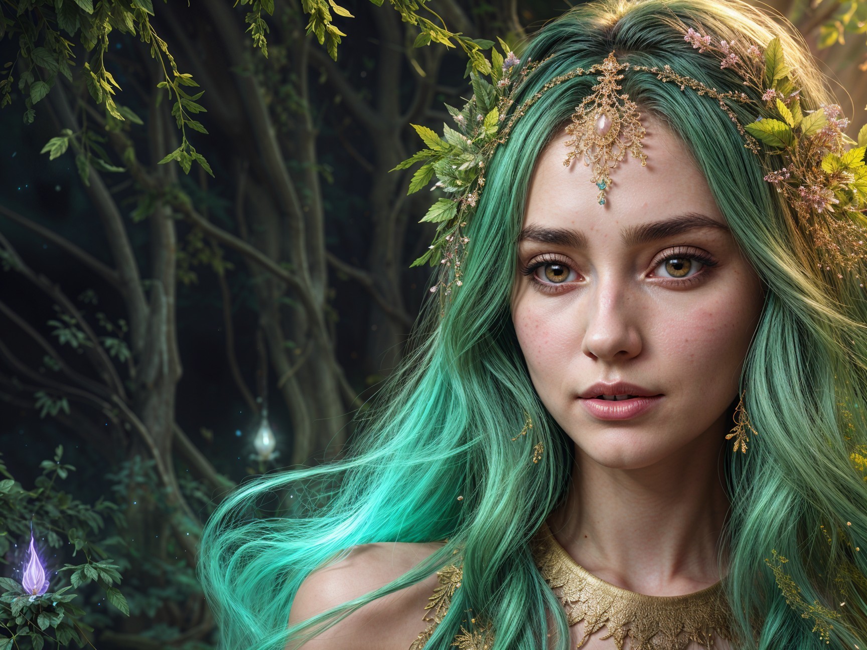 Young woman with teal hair in a mystical forest