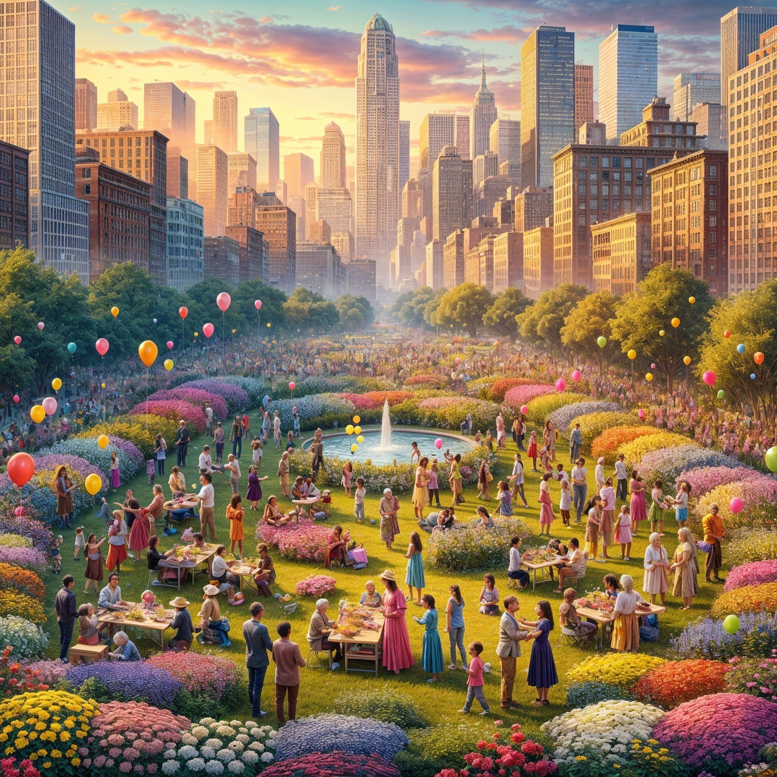 Vibrant City Park Scene with Flowers and Skyscrapers