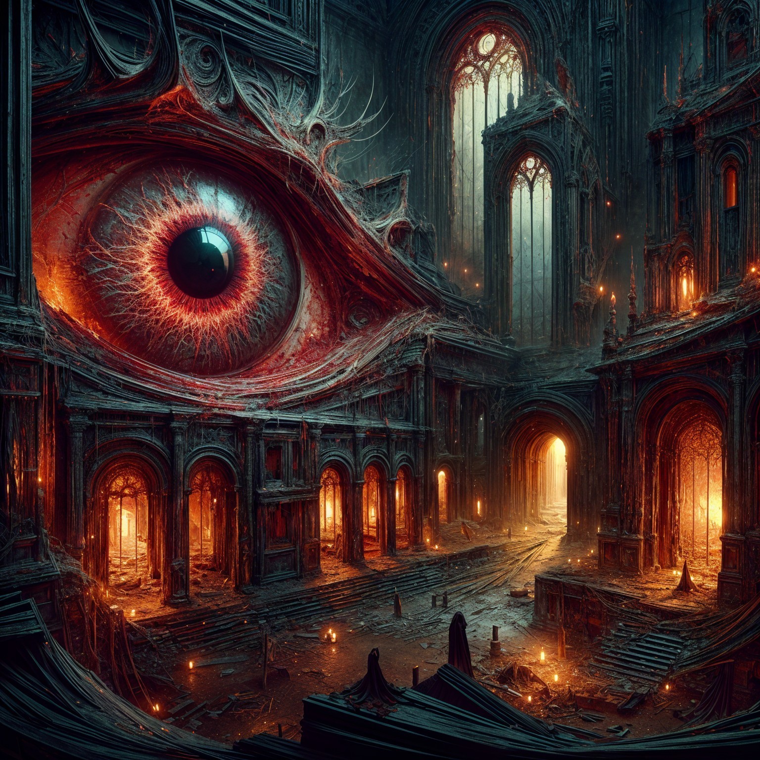 Surreal Landscape with Gothic Structure and Grotesque Eye