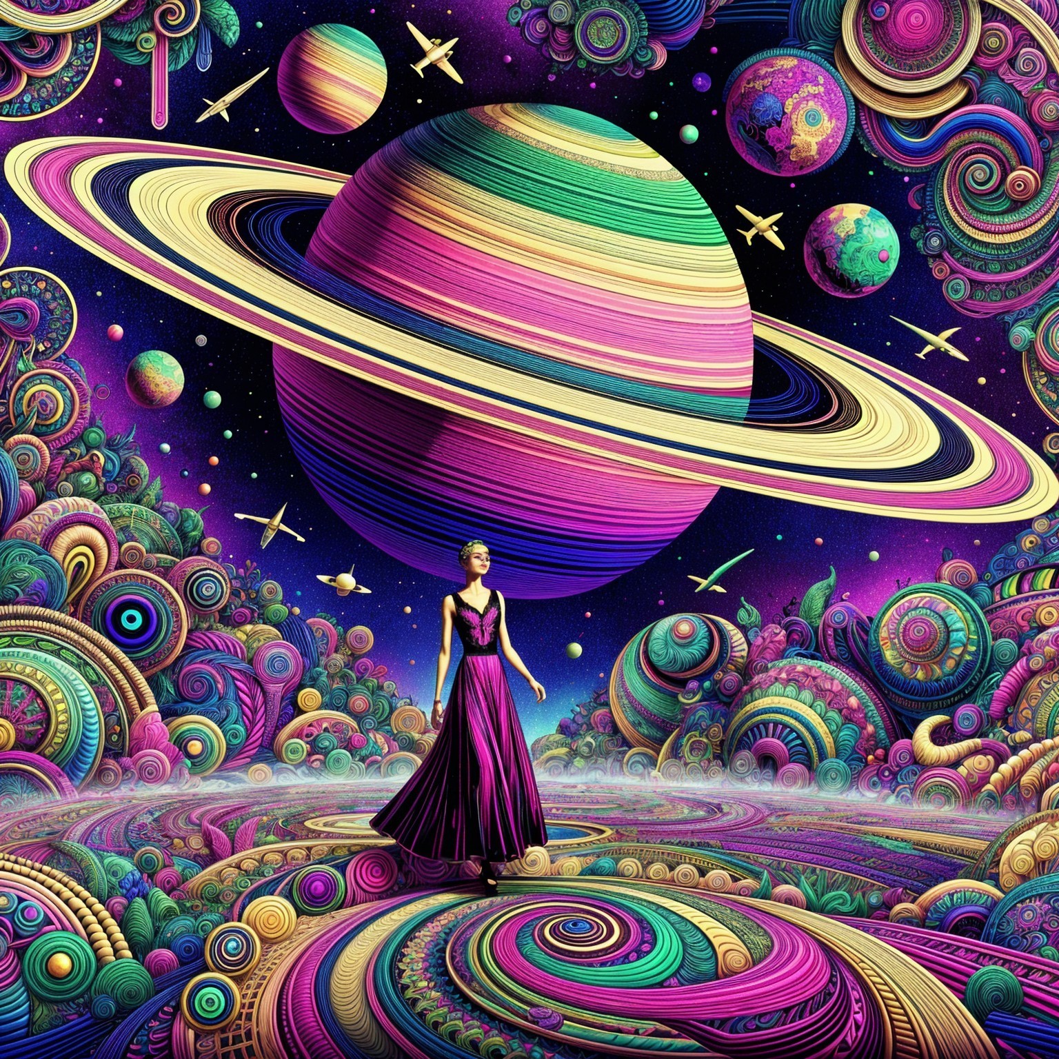 Surreal Cosmic Landscape with Vibrant Colors and Planets