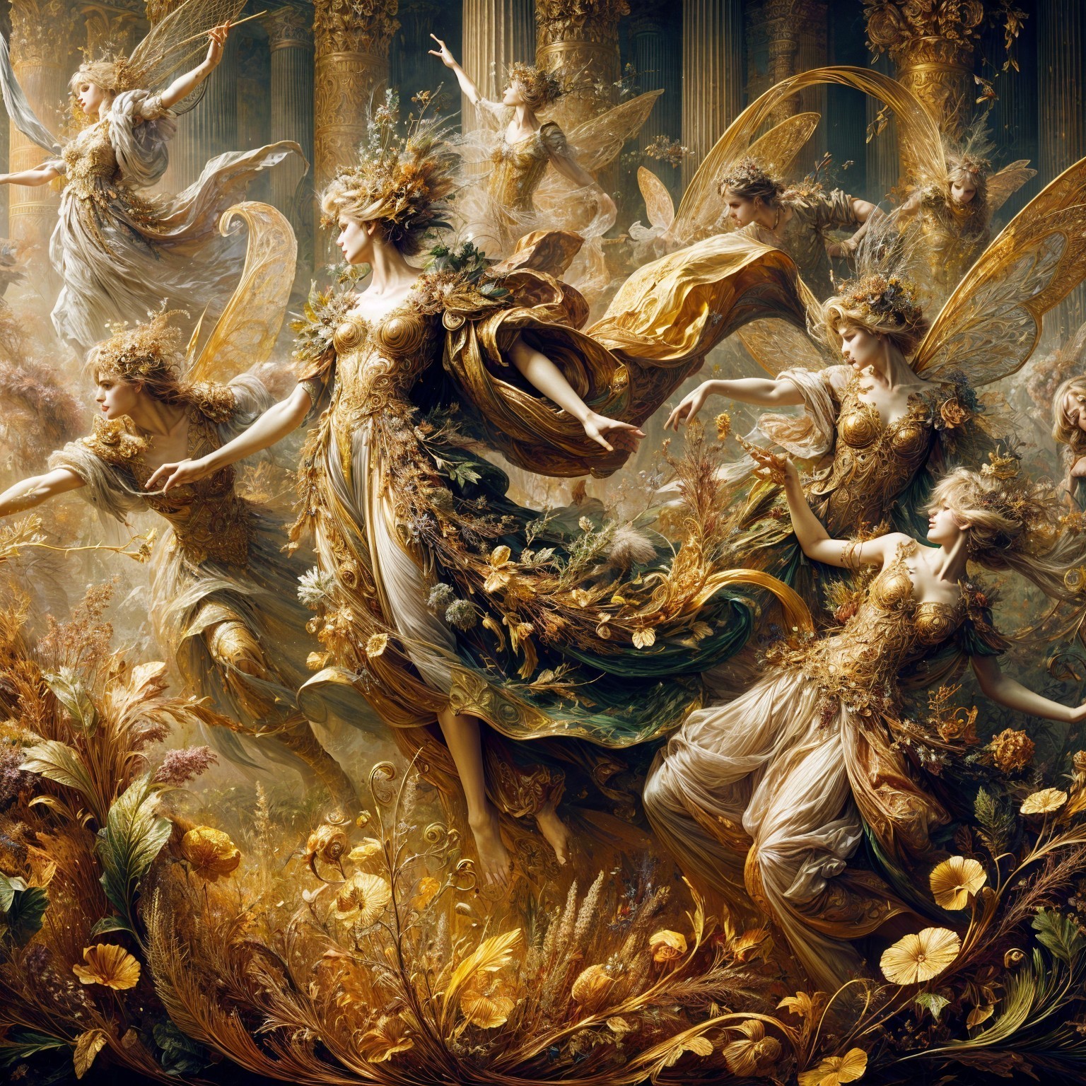 Ethereal Fairies in Golden Attire Amidst Lush Foliage