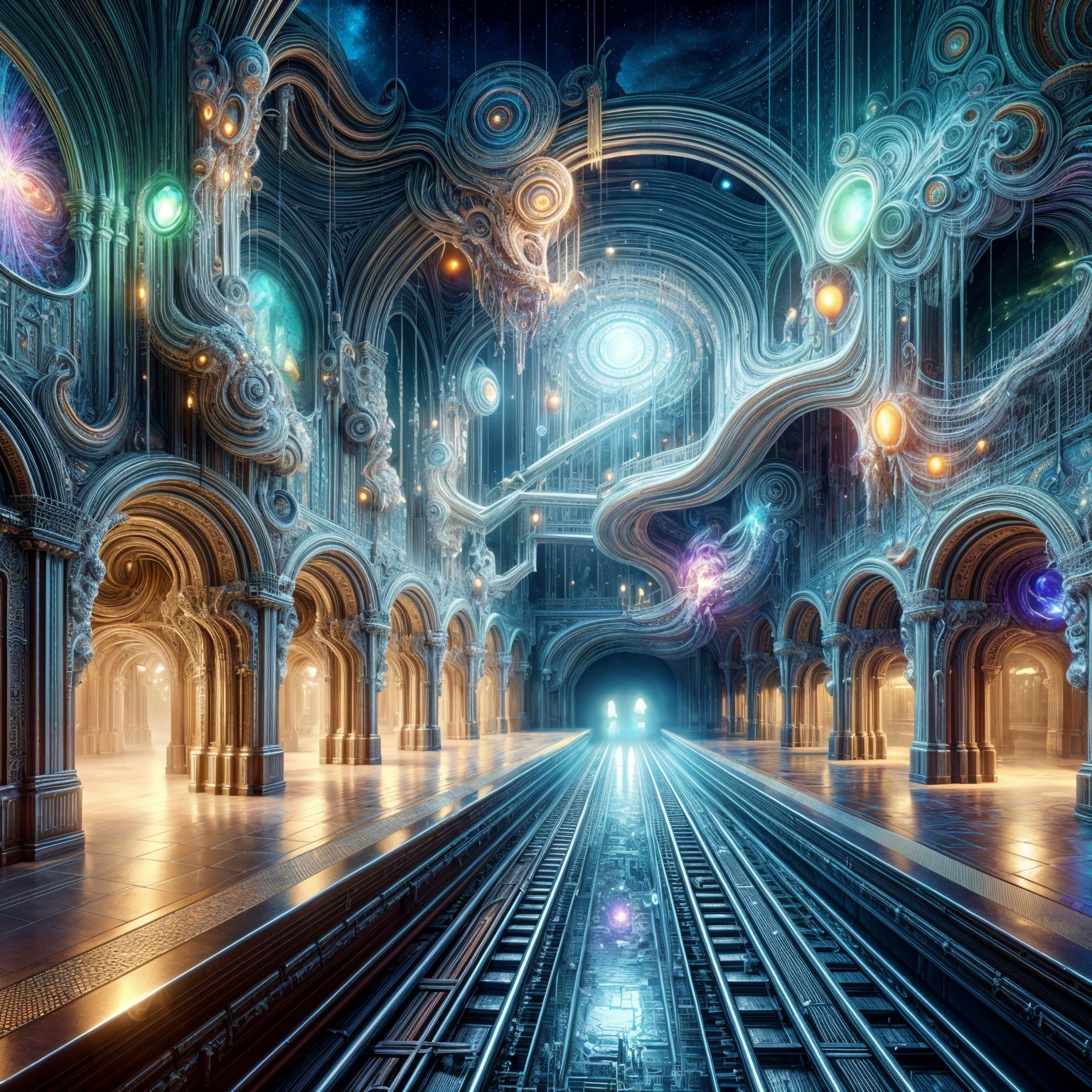 Surreal Futuristic Architectural Space with Cosmic Elements