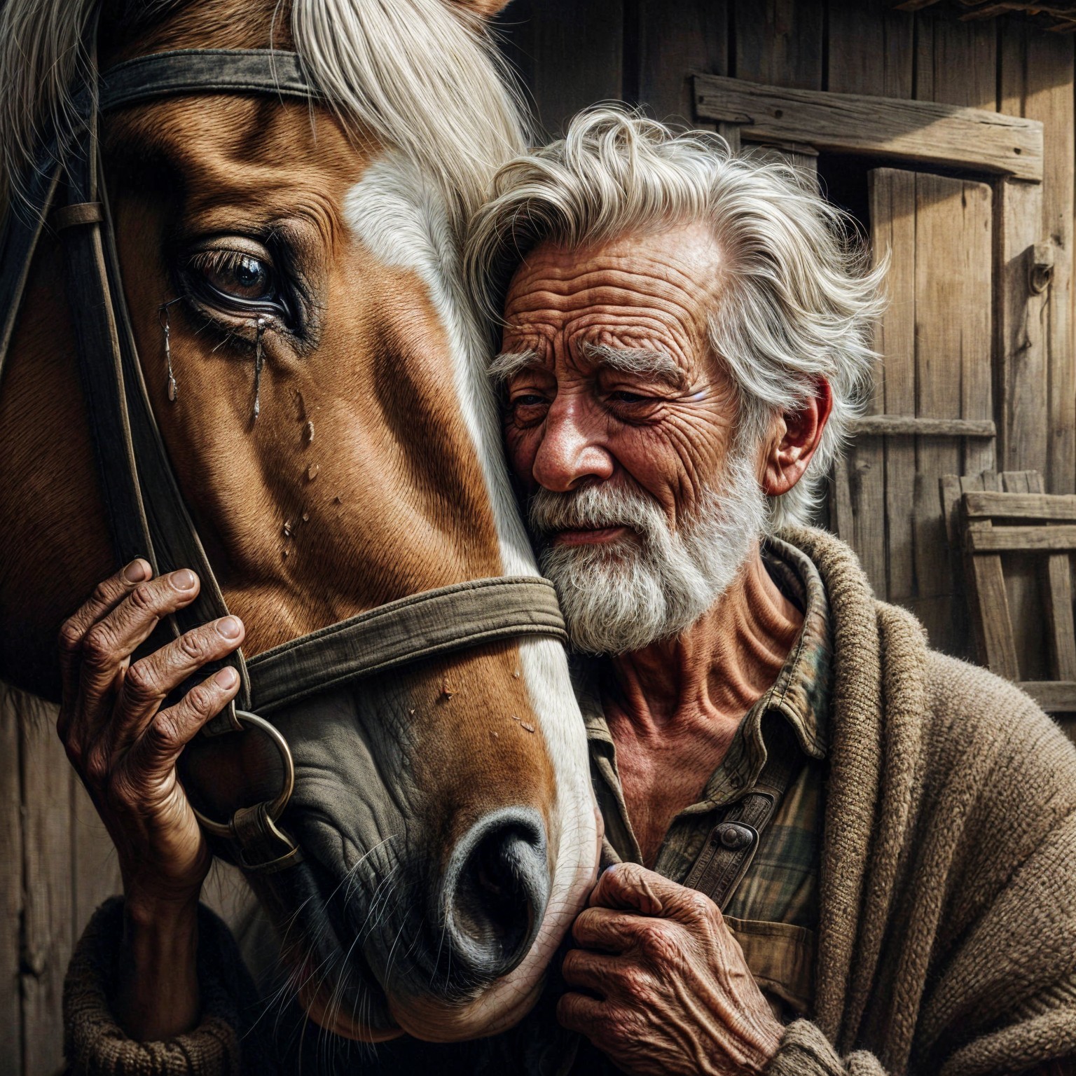 Elderly Man and Horse Share Emotional Connection in Stable