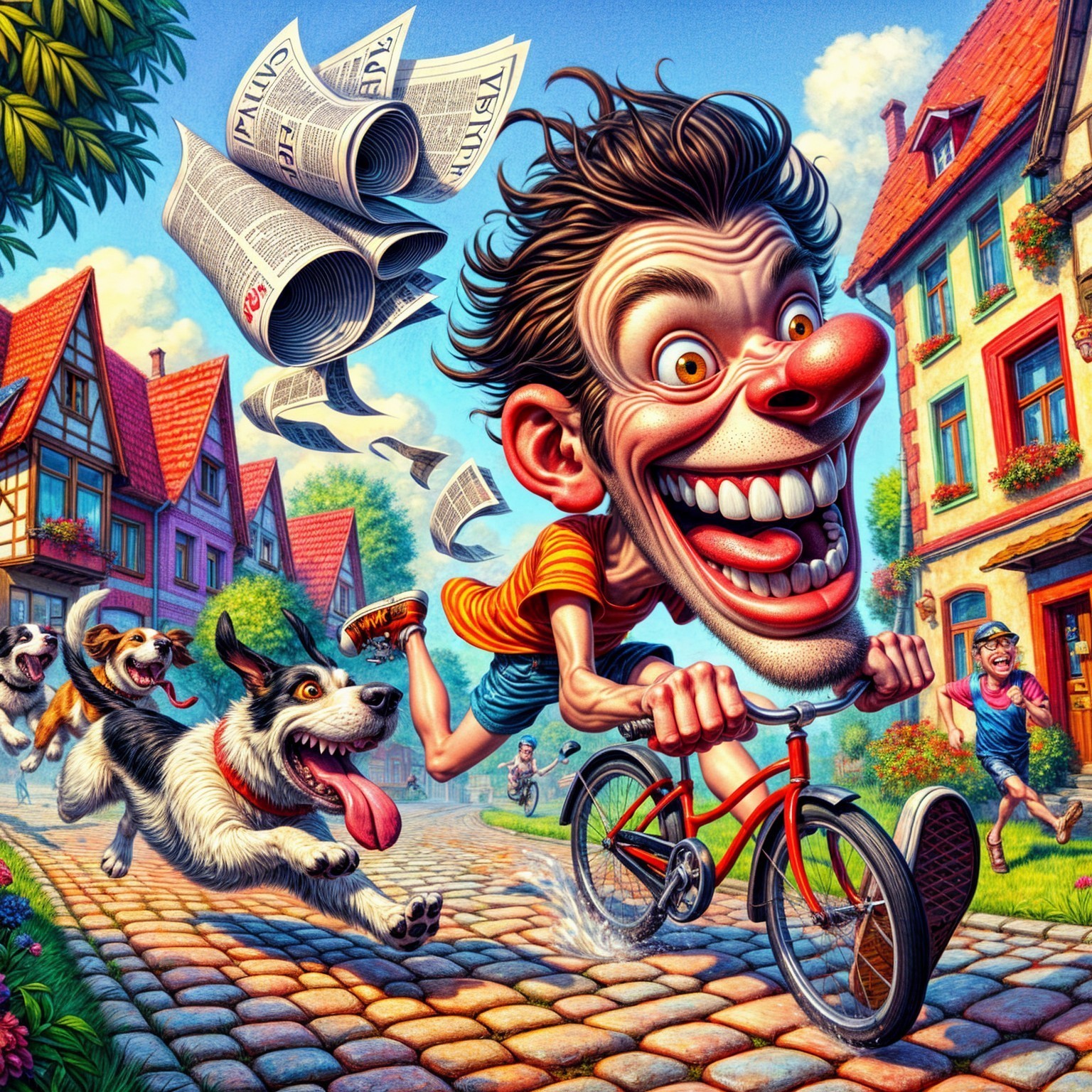 Cheerful Character Riding Bicycle on Cobblestone Street