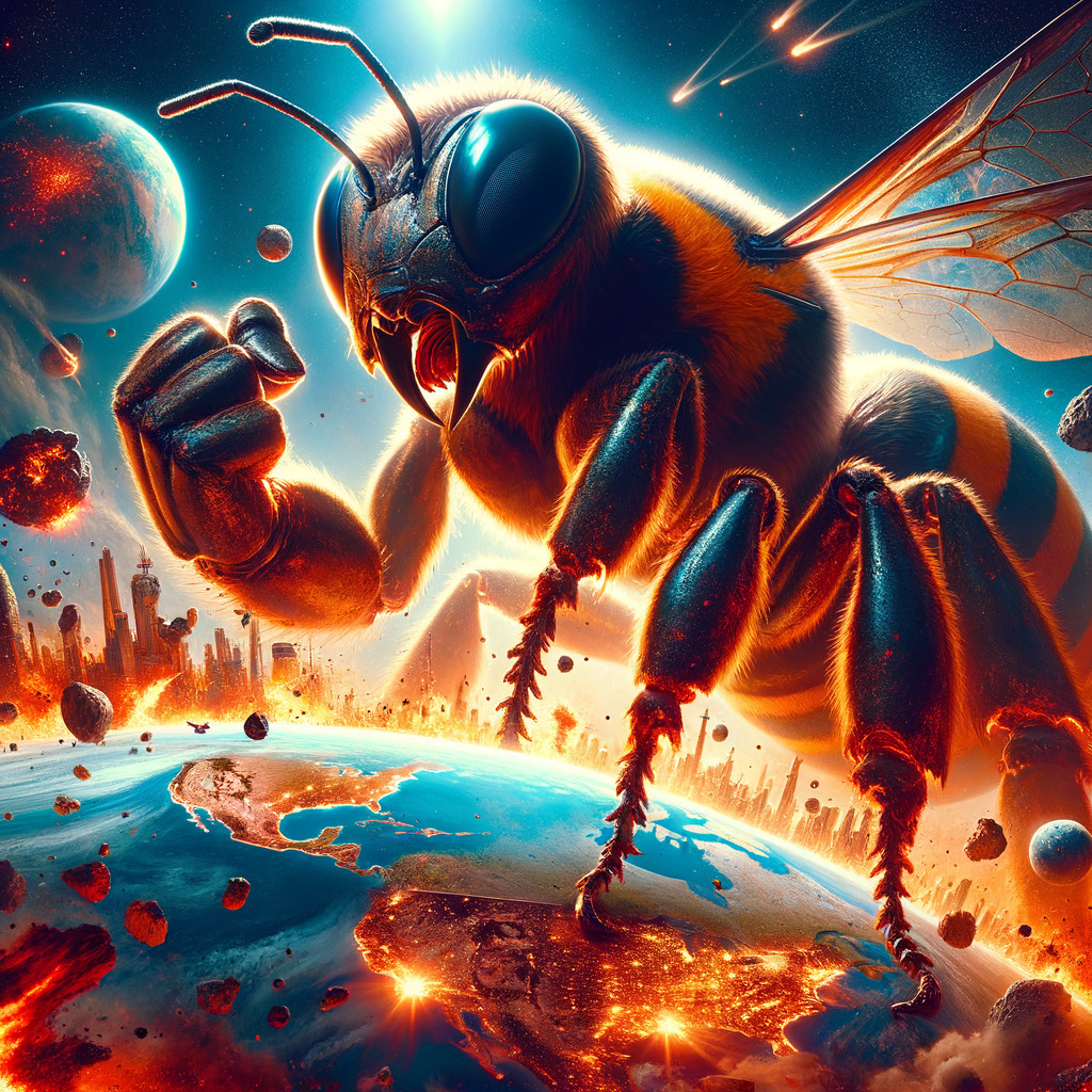 Giant Bee Against Futuristic Earth and Cosmic Scene