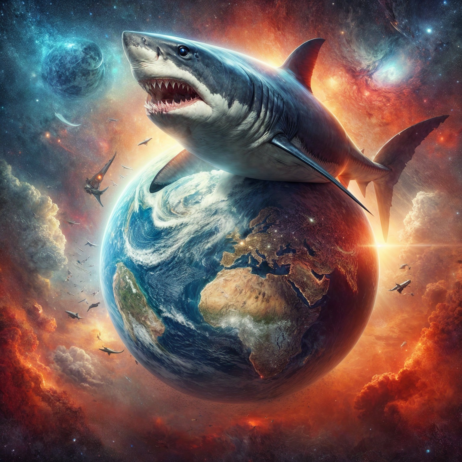 Surreal Great White Shark Over Earth in Cosmic Scene
