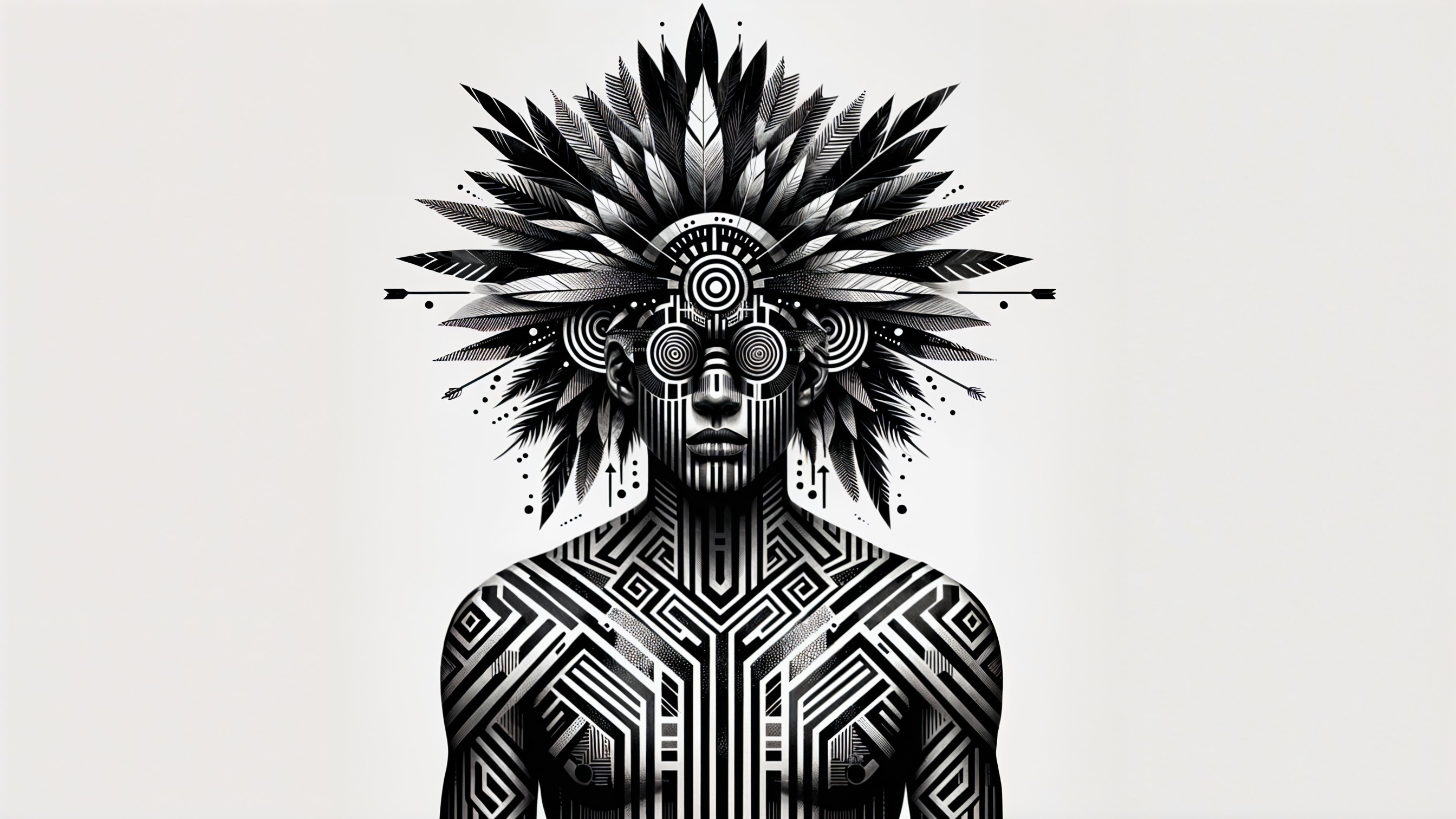 Intricate Black and White Patterned Figure with Headdress