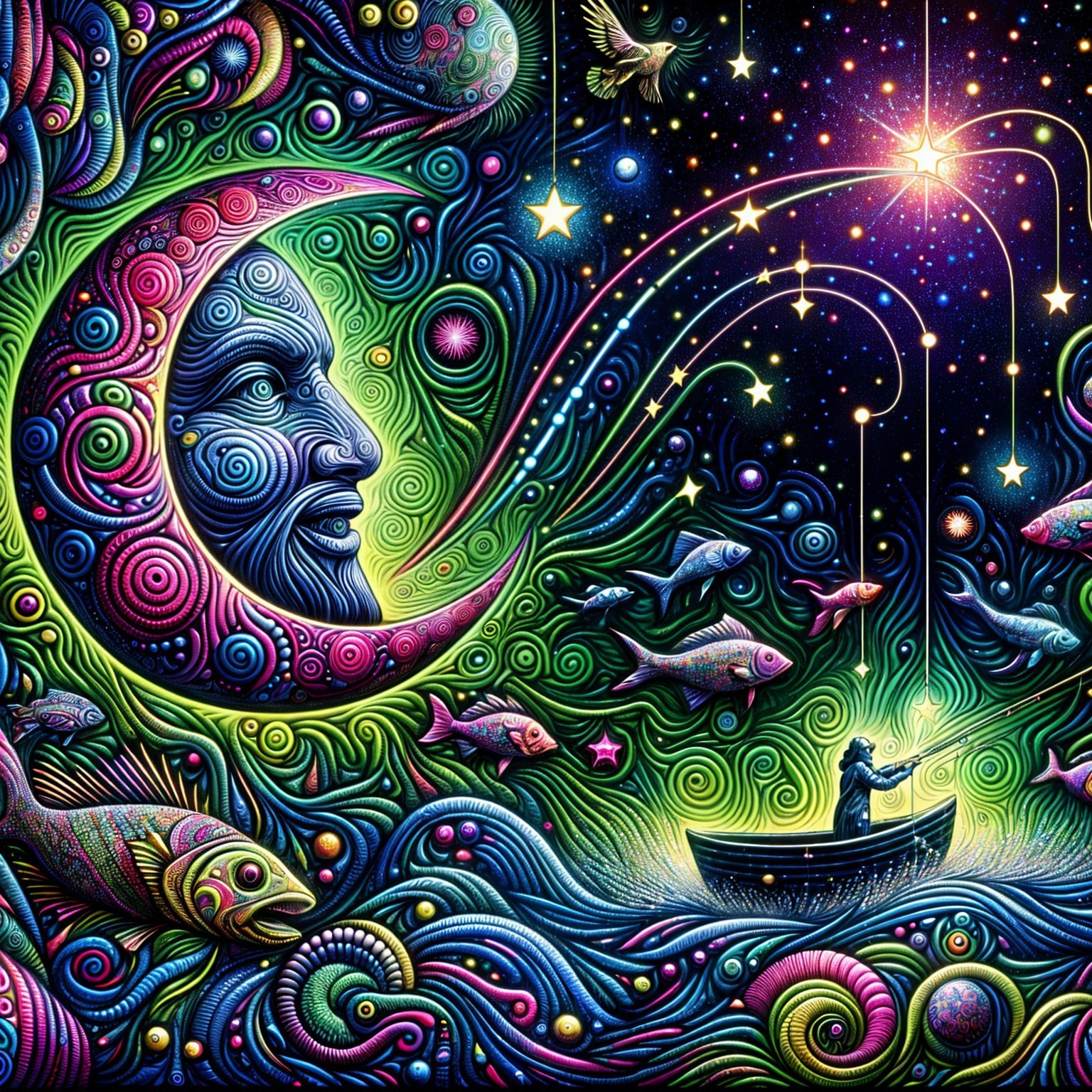 Vibrant Cosmic Scene with Moon and Colorful Fish