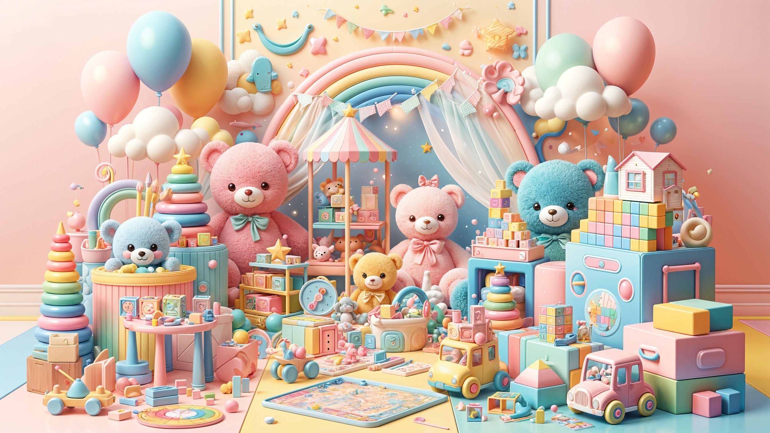 Pastel Teddy Bears in a Colorful Play Area Scene