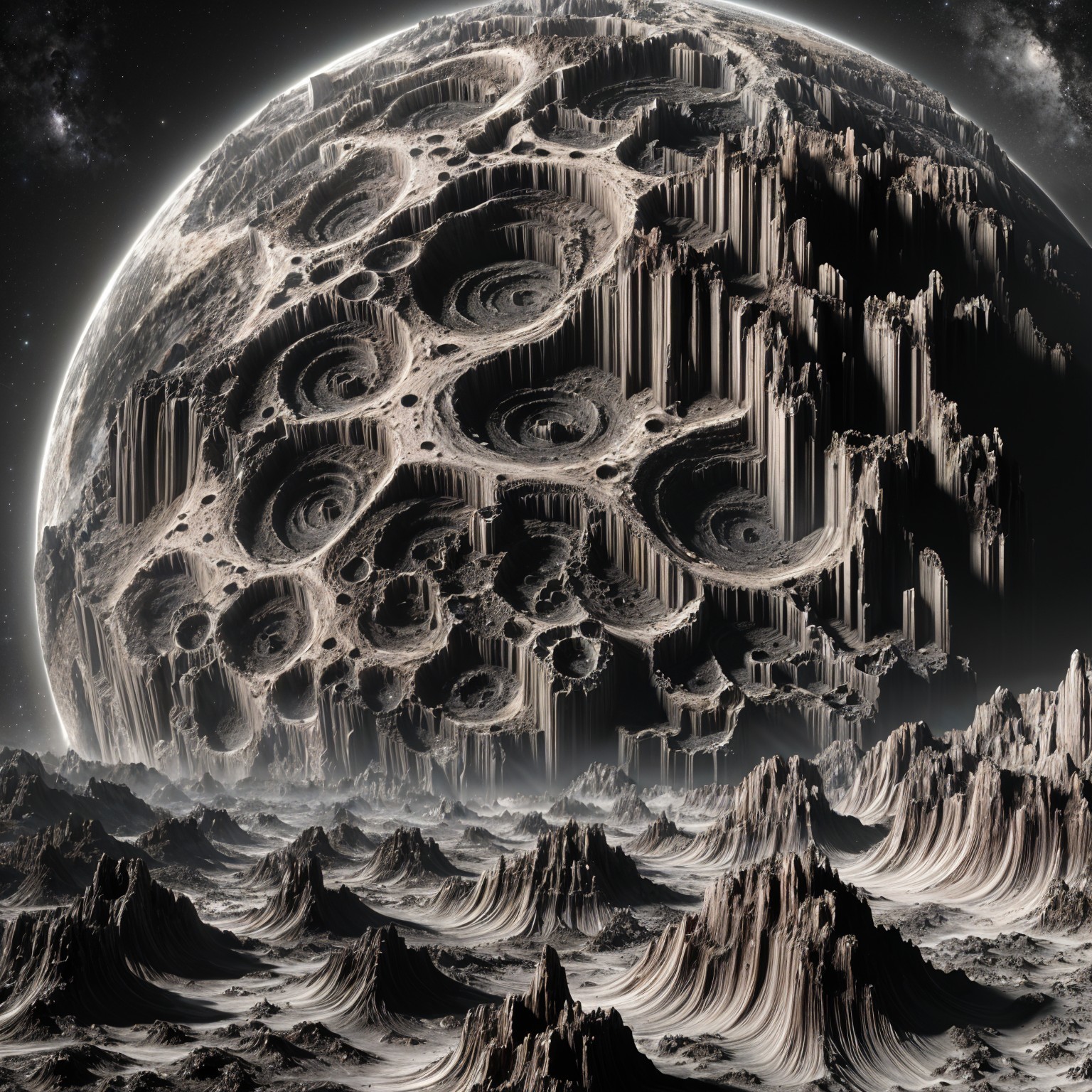 Surreal Alien Landscape with Textured Moon and Mountains